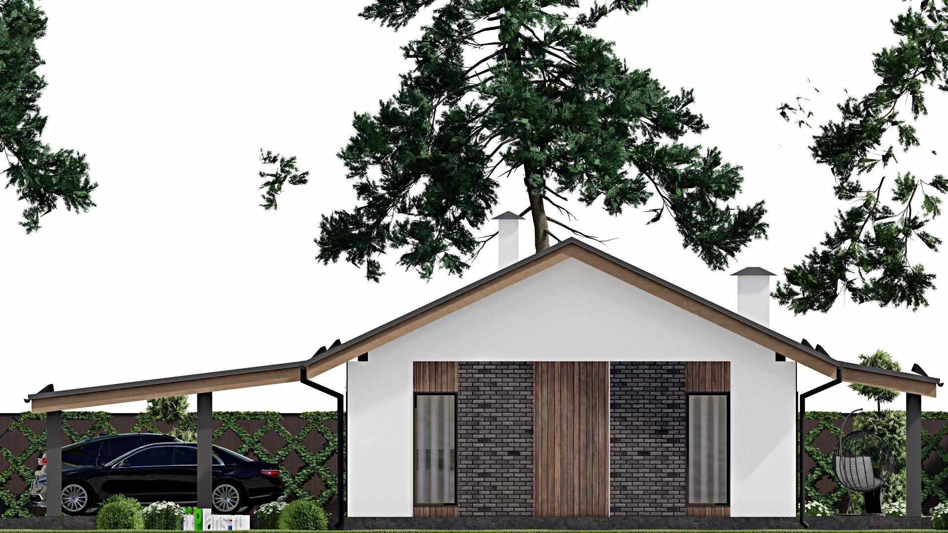 F-10709 - Проект одноэтажного дома 18 на 23, площадью 230 м² с террасой, гаражом на 1 машину и 3 спальнями