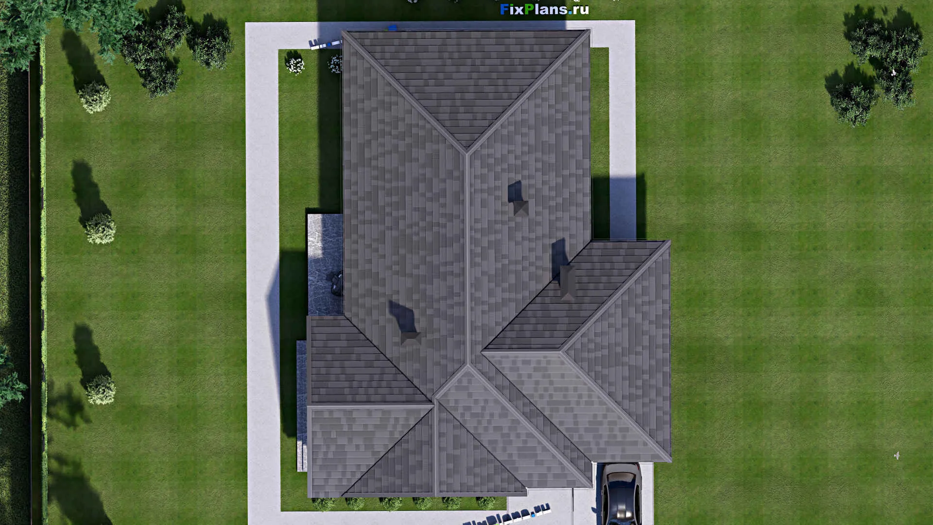 F-16136 - Проект одноэтажного дома 16 на 20, площадью 210 м² с террасой, гаражом на 1 машину и 3 спальнями