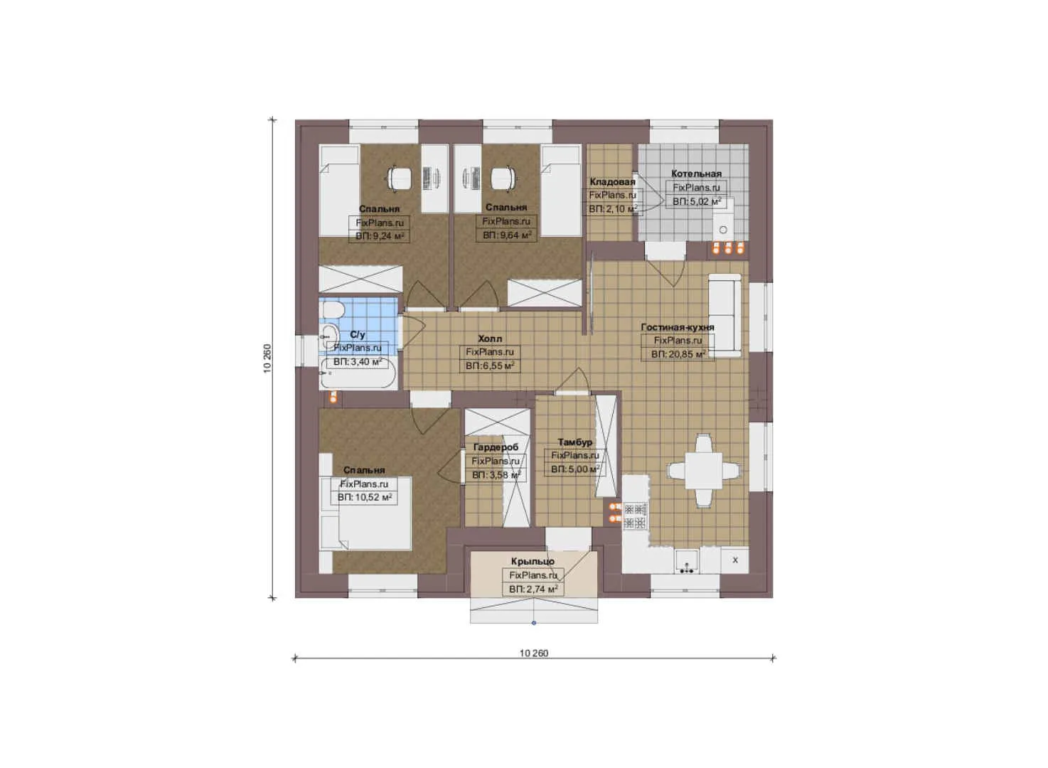 F-17621 - План одноэтажного дома 11 на 11, площадью 80 м² с 3 спальнями
