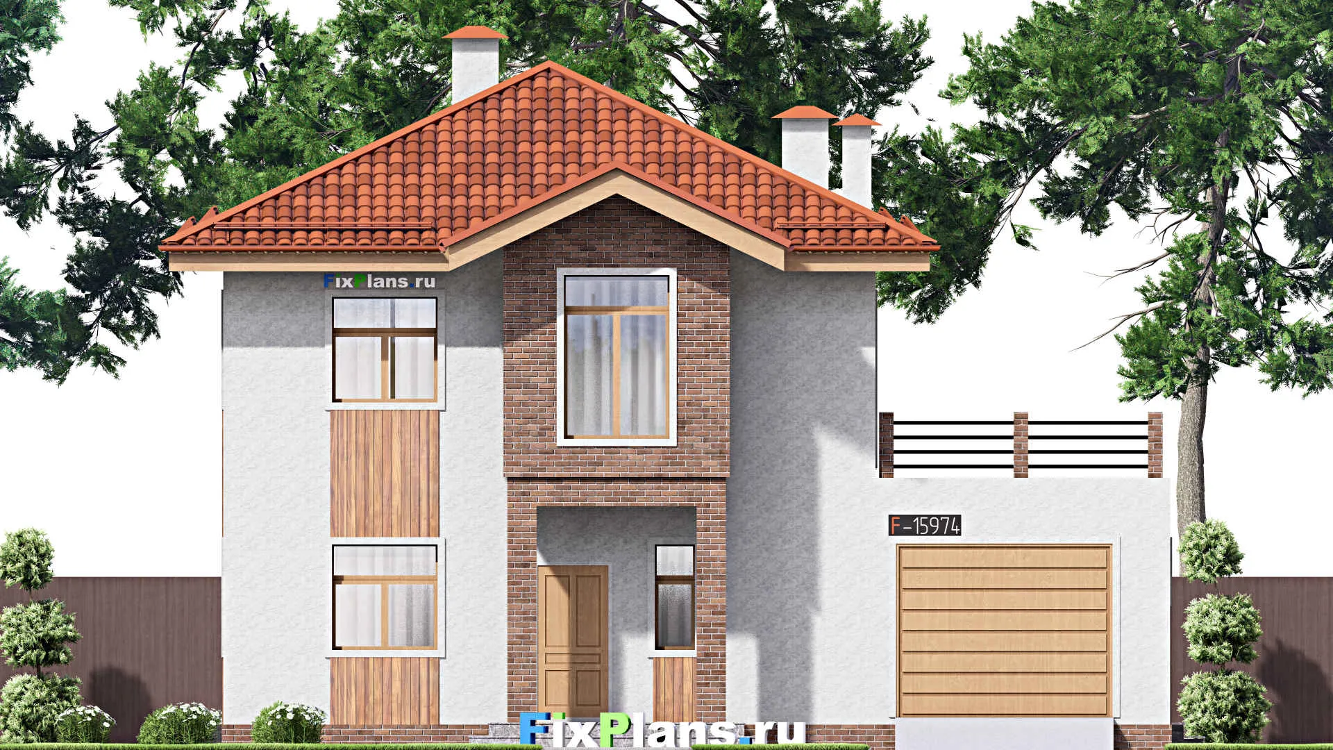 F-15974 - Проект двухэтажного дома 14 на 18, площадью 300 м² с террасой, балконом, гаражом на 1 машину и 4 спальнями