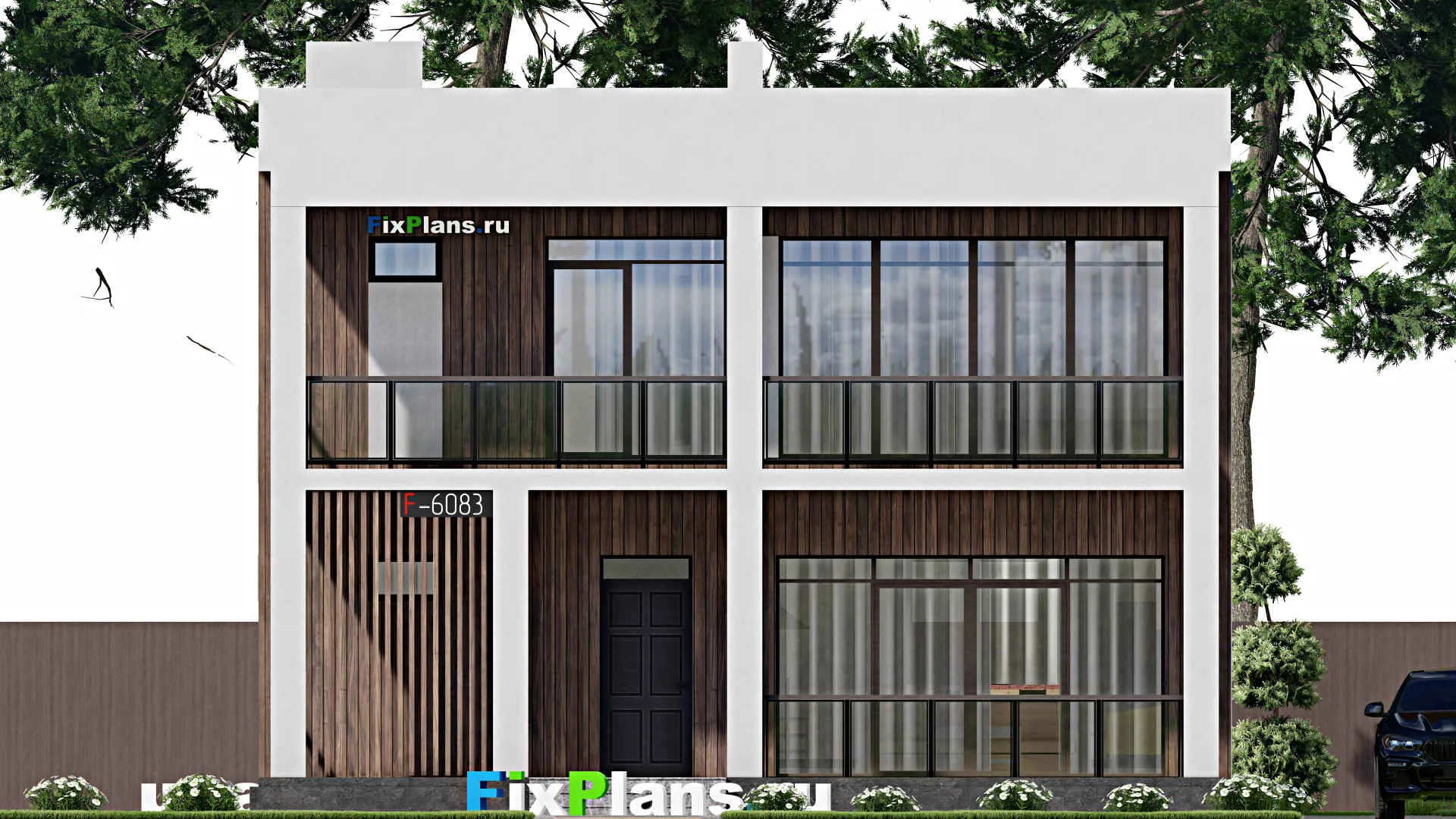 F-6083 - Планы двухэтажного дома 11 на 11, площадью 210 м² с террасой, балконом и 3 спальнями