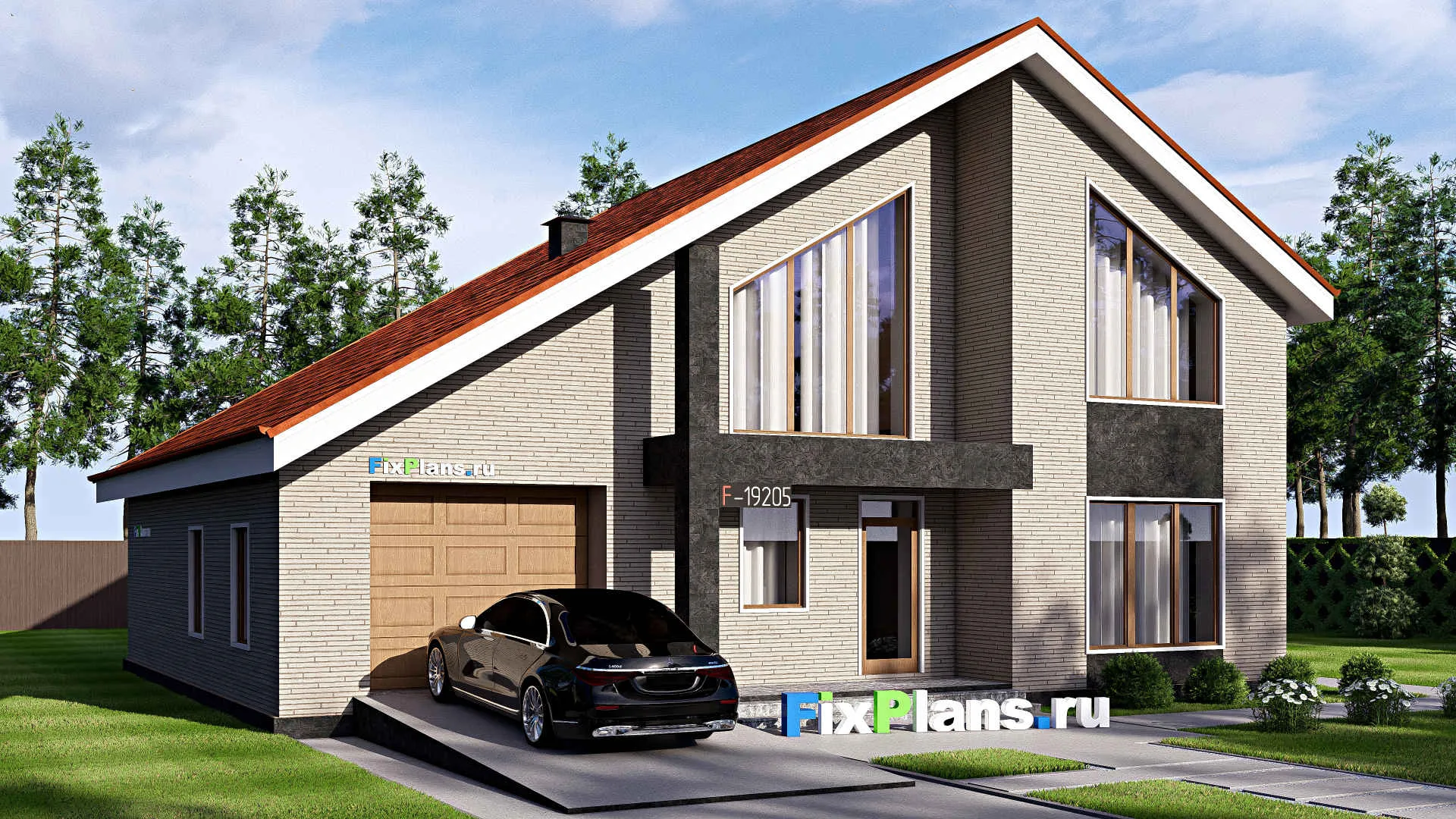 F-19205 - Проект дома с мансардой 15 на 16, площадью 260 м² с террасой, балконом, гаражом на 1 машину и 5 спальнями