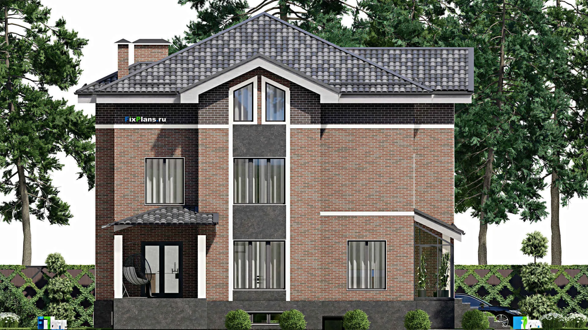 F-2402 - Проект двухэтажного дома с мансардой 14 на 15, площадью 330 м² с террасой и 8 спальнями