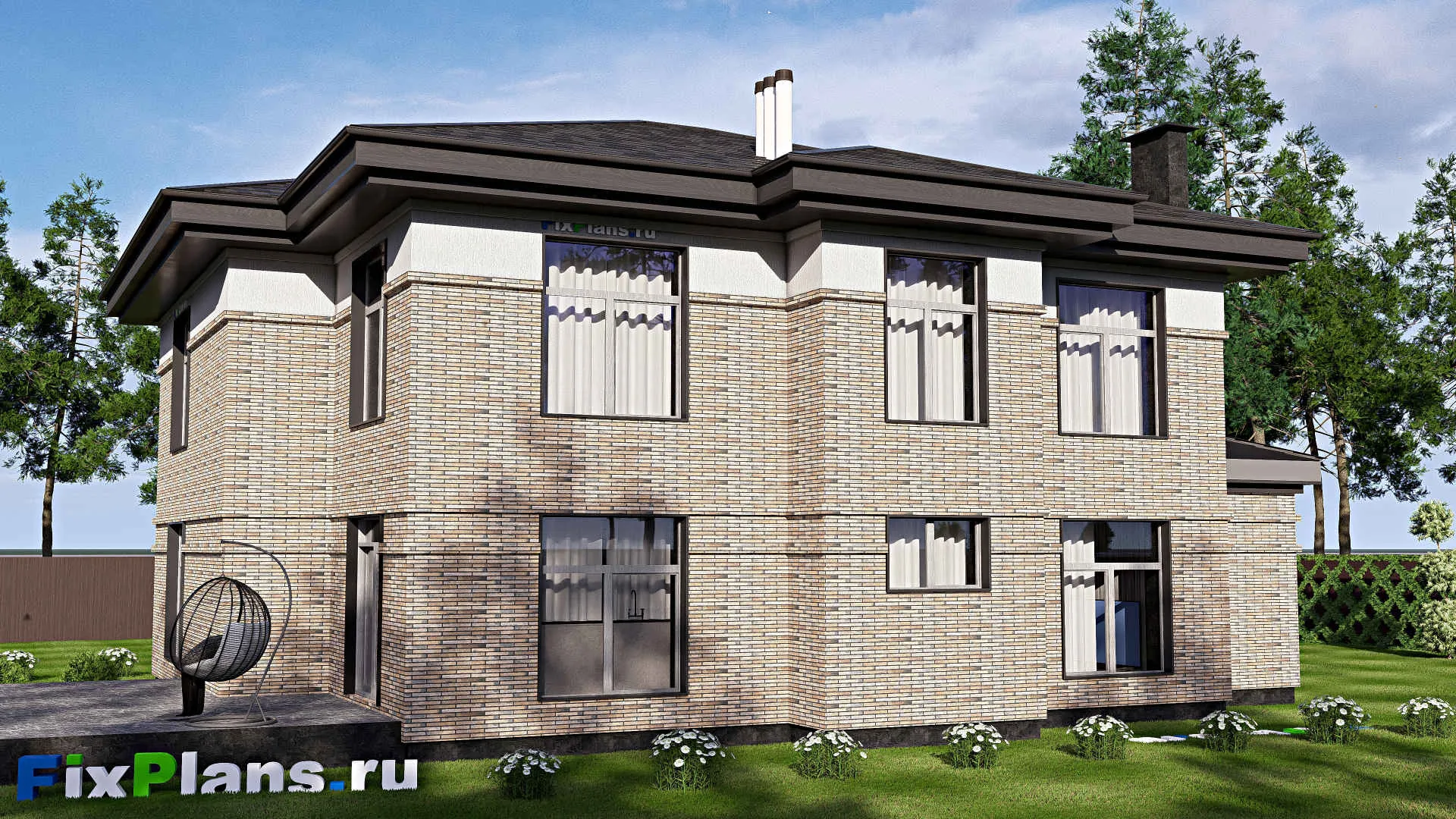 F-20735 - Проект двухэтажного дома 14 на 21, площадью 280 м² с террасой, балконом, гаражом на 1 машину и 4 спальнями