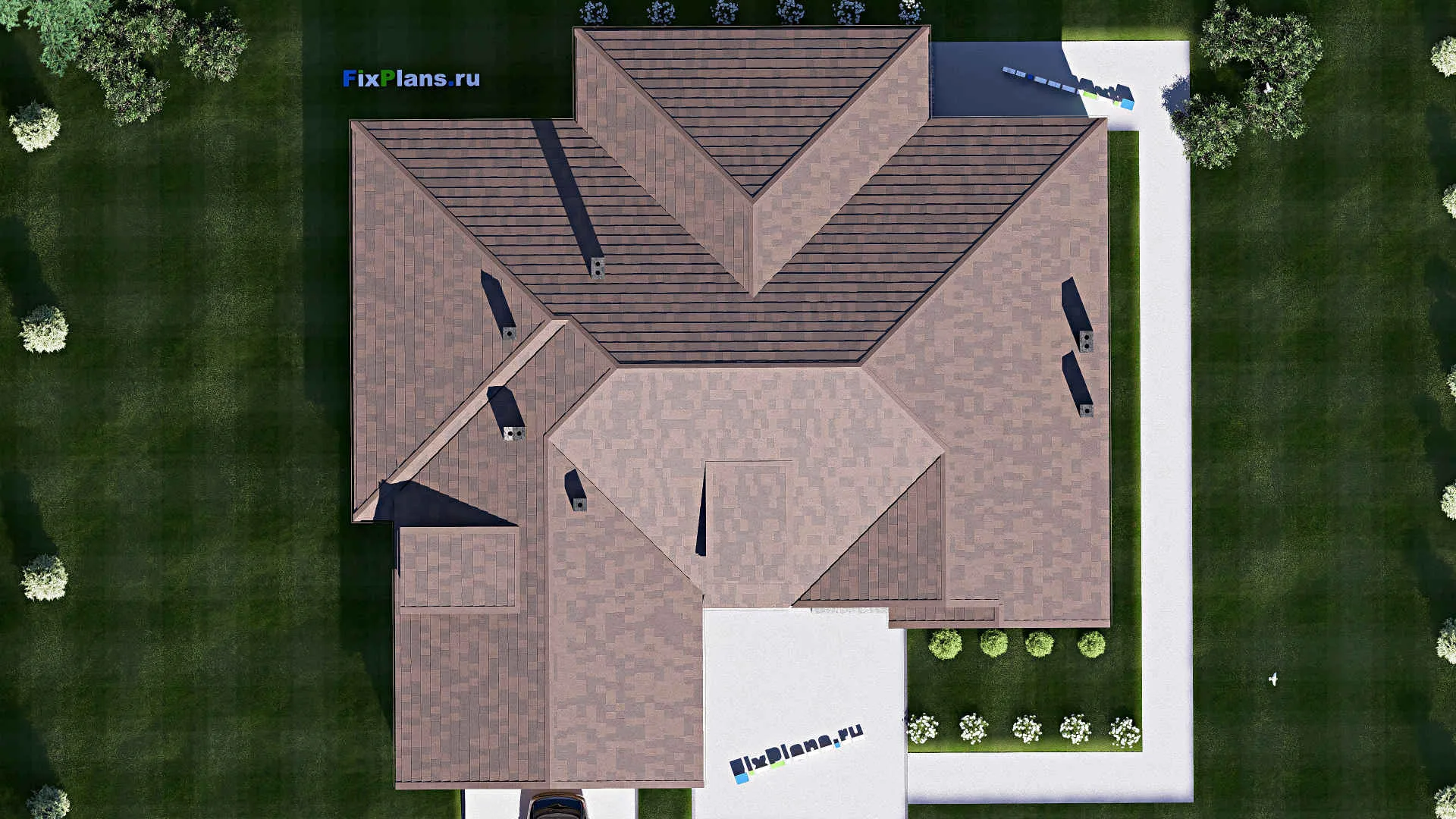 F-17135 - Проект дома с мансардой 22 на 22, площадью 340 м² с террасой, гаражом на 2 машины и 4 спальнями