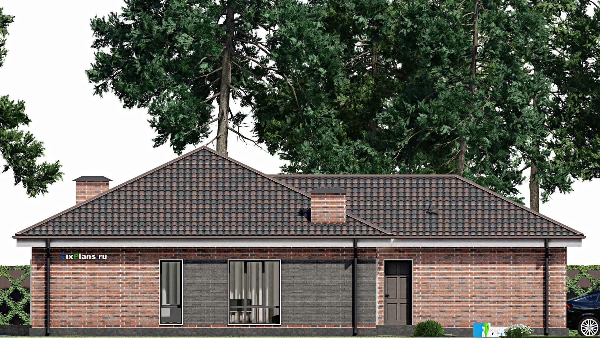 F-5858 - План одноэтажного дома 16 на 18, площадью 190 м² с гаражом на 2 машины и 3 спальнями