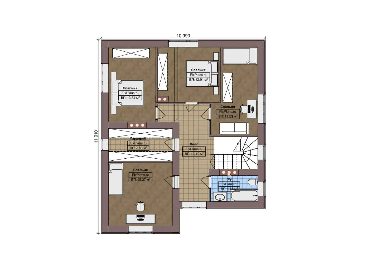 F-5111 - Планы двухэтажного дома 11 на 12, площадью 200 м² с террасой, гаражом на 1 машину и 4 спальнями