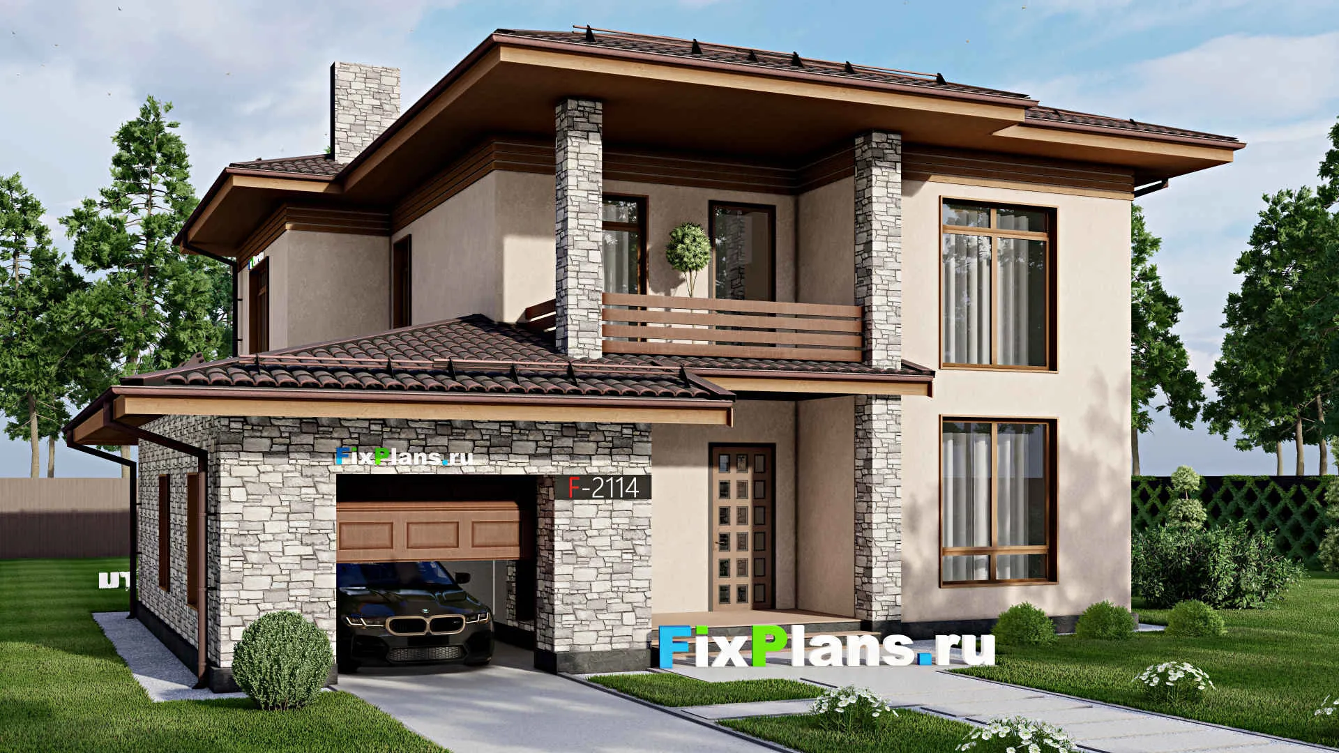 F-2114 - Проект двухэтажного дома 14 на 16, площадью 240 м² с балконом, гаражом на 1 машину и 4 спальнями