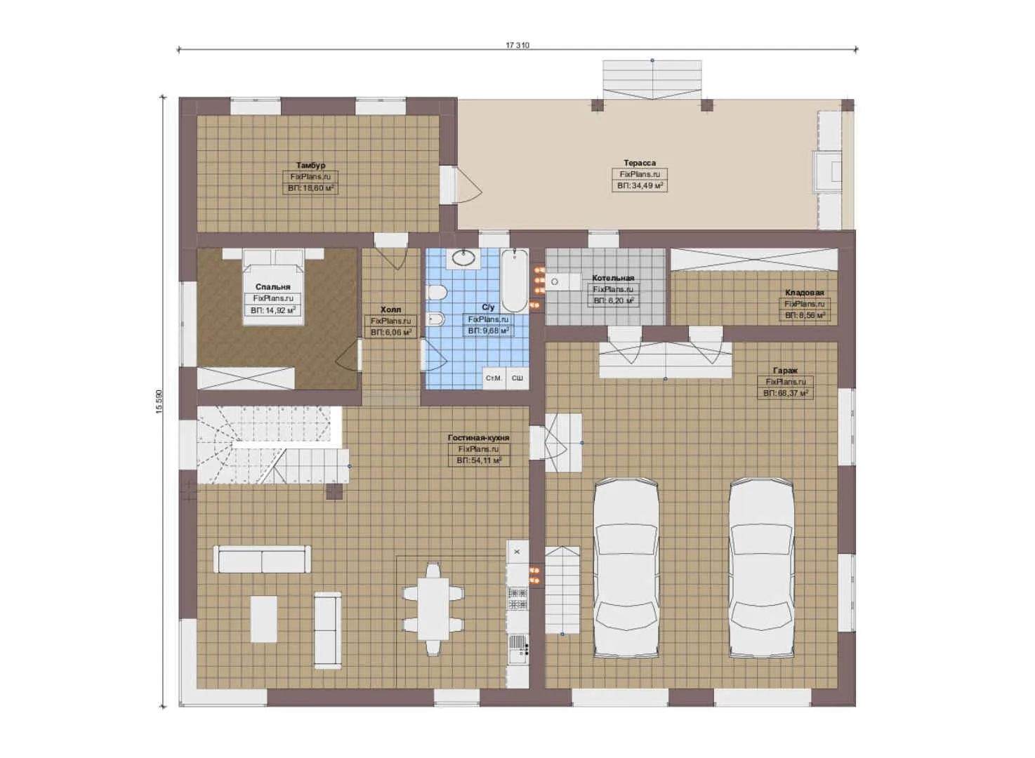 F-14651 - Планы двухэтажного дома 16 на 18, площадью 410 м² с террасой, балконом, гаражом на 2 машины и 4 спальнями