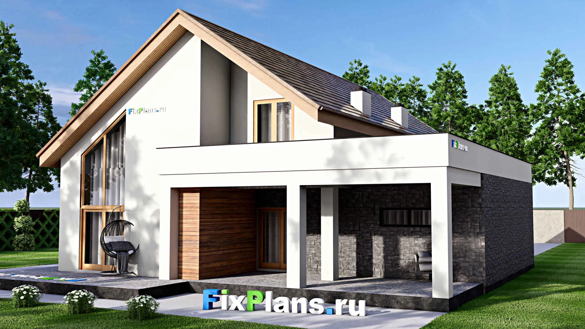 F-15812 - Проект дома с мансардой 17 на 19, площадью 300 м² с террасой, балконом, гаражом на 1 машину и 3 спальнями