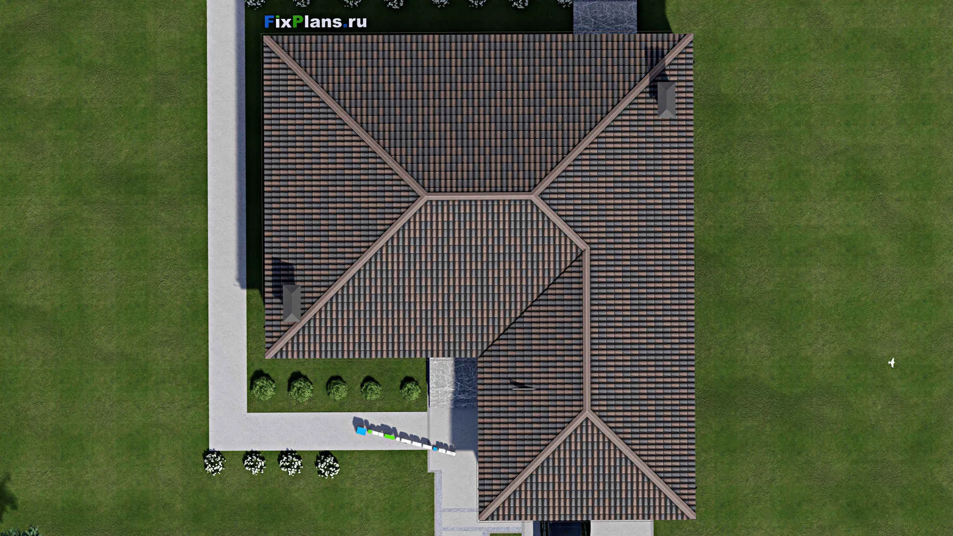 F-5858 - План одноэтажного дома 16 на 18, площадью 190 м² с гаражом на 2 машины и 3 спальнями