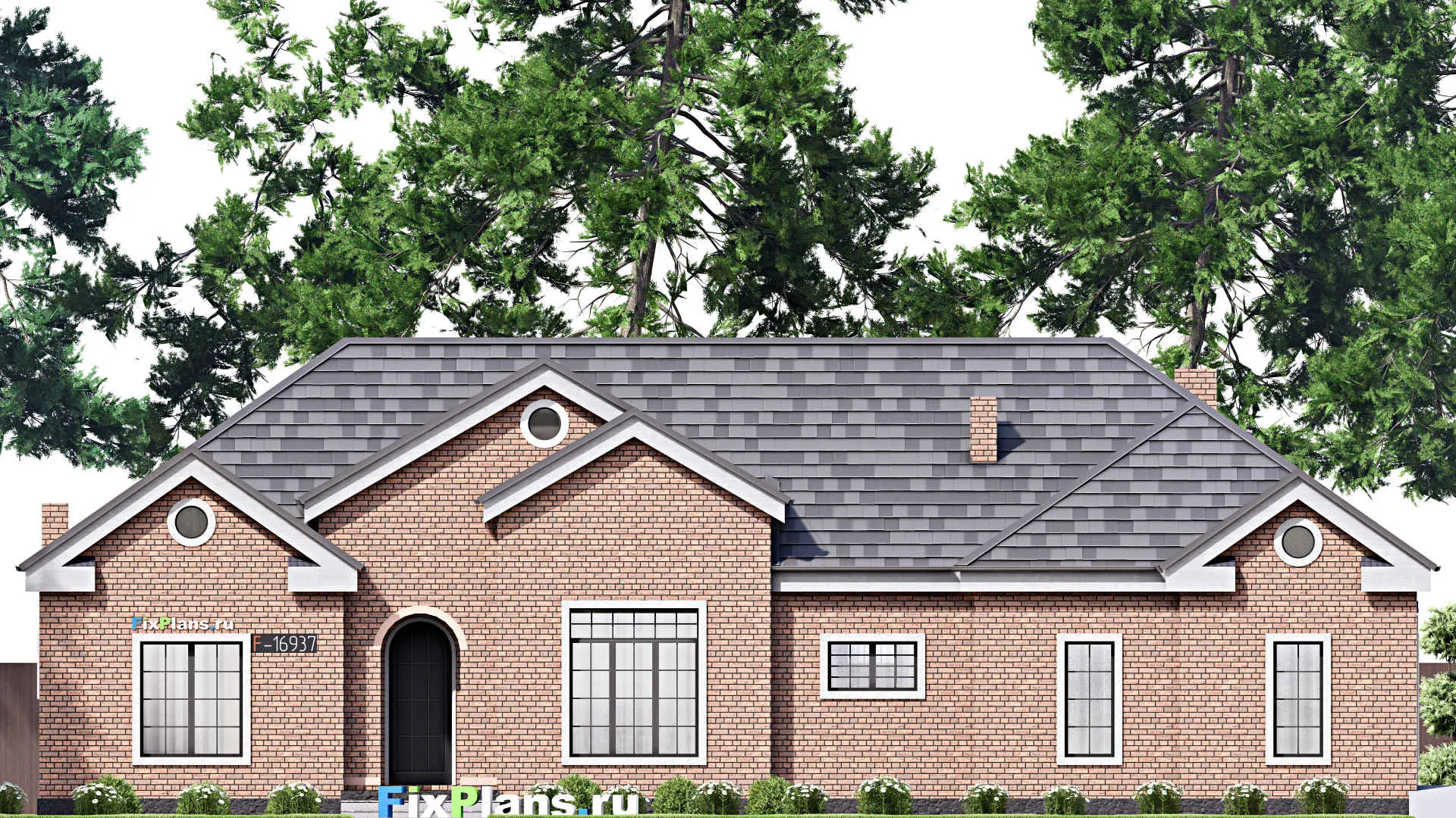 F-16937 - Проект одноэтажного дома 19 на 21, площадью 260 м² с террасой, гаражом на 2 машины и 3 спальнями