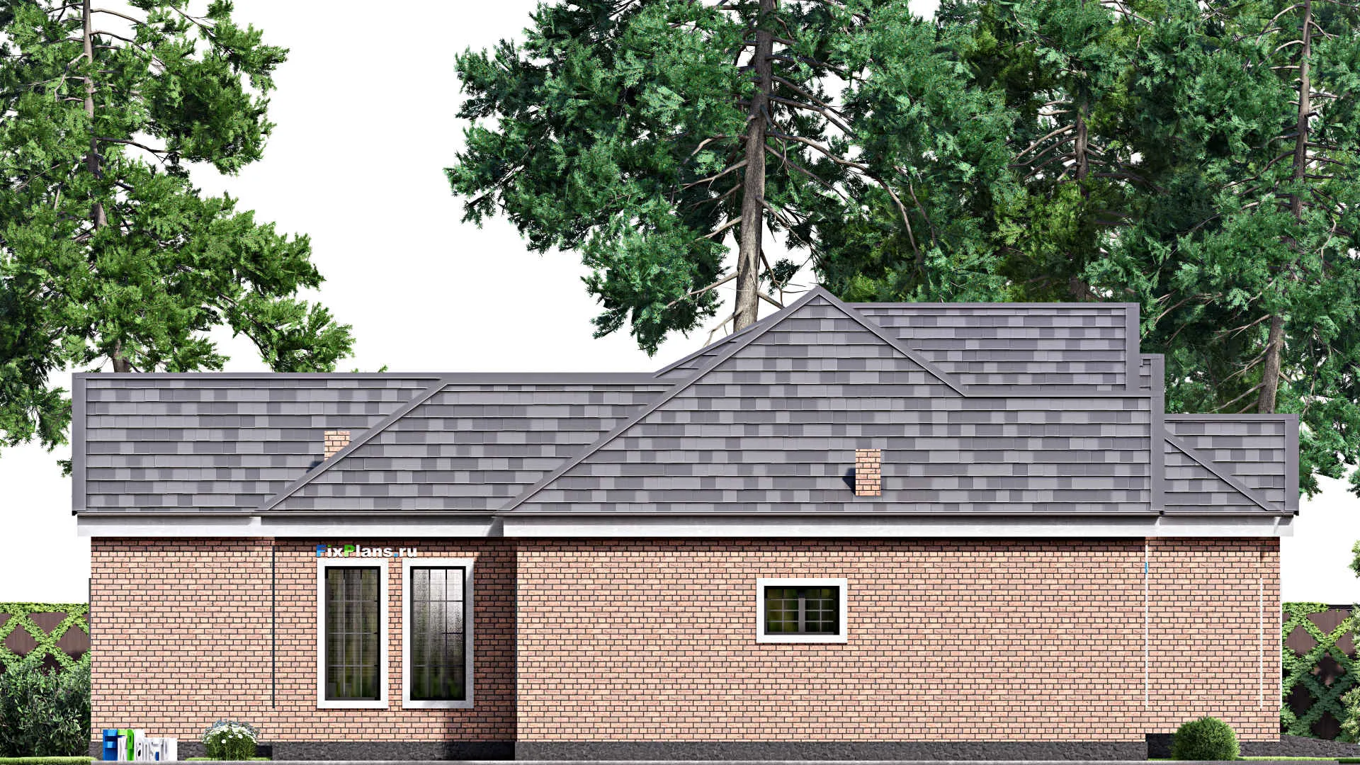 F-16937 - Проект одноэтажного дома 19 на 21, площадью 260 м² с террасой, гаражом на 2 машины и 3 спальнями