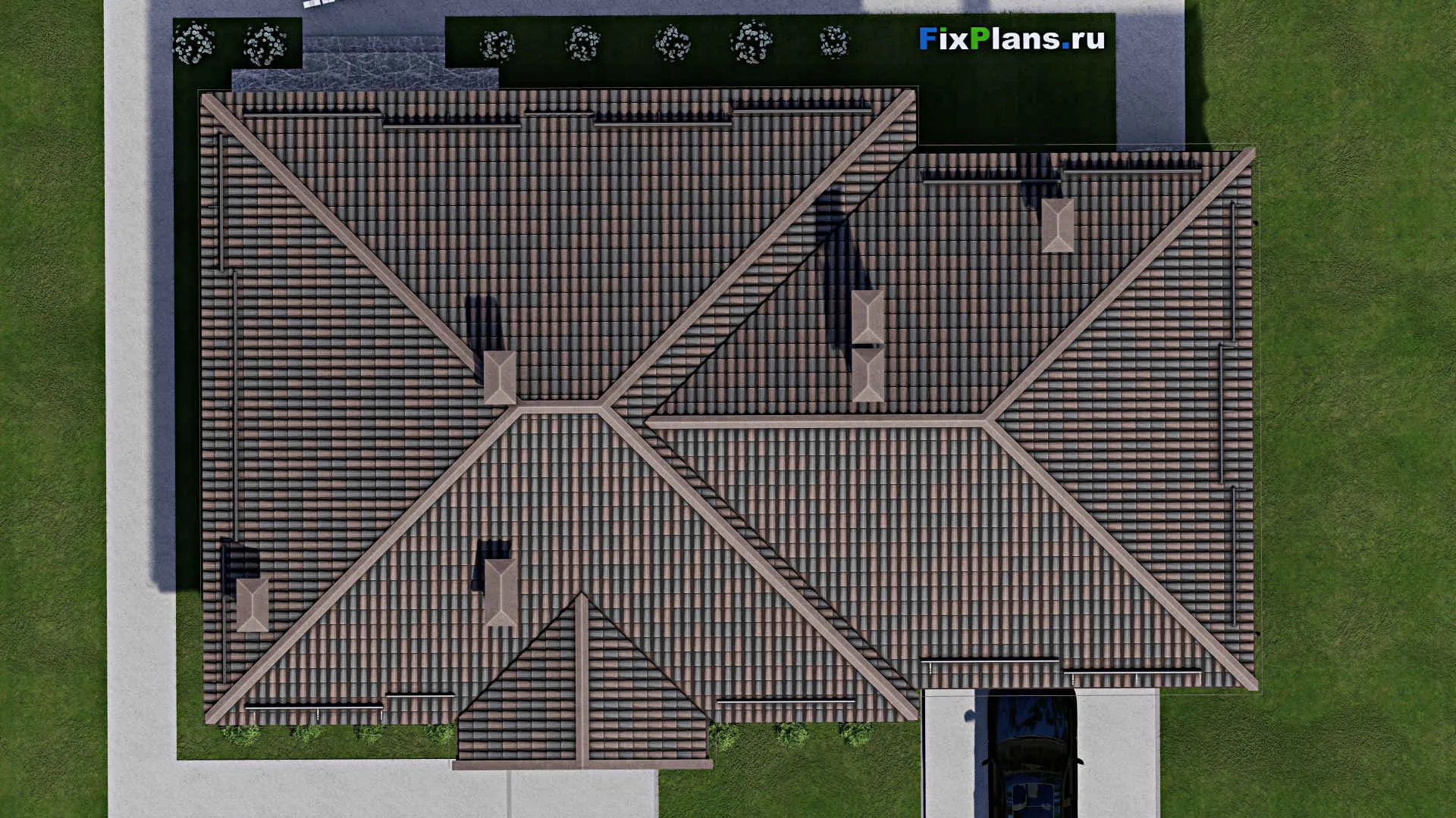 F-7136 - Проект одноэтажного дома 15 на 22, площадью 220 м² с террасой, баней, гаражом на 2 машины и 3 спальнями