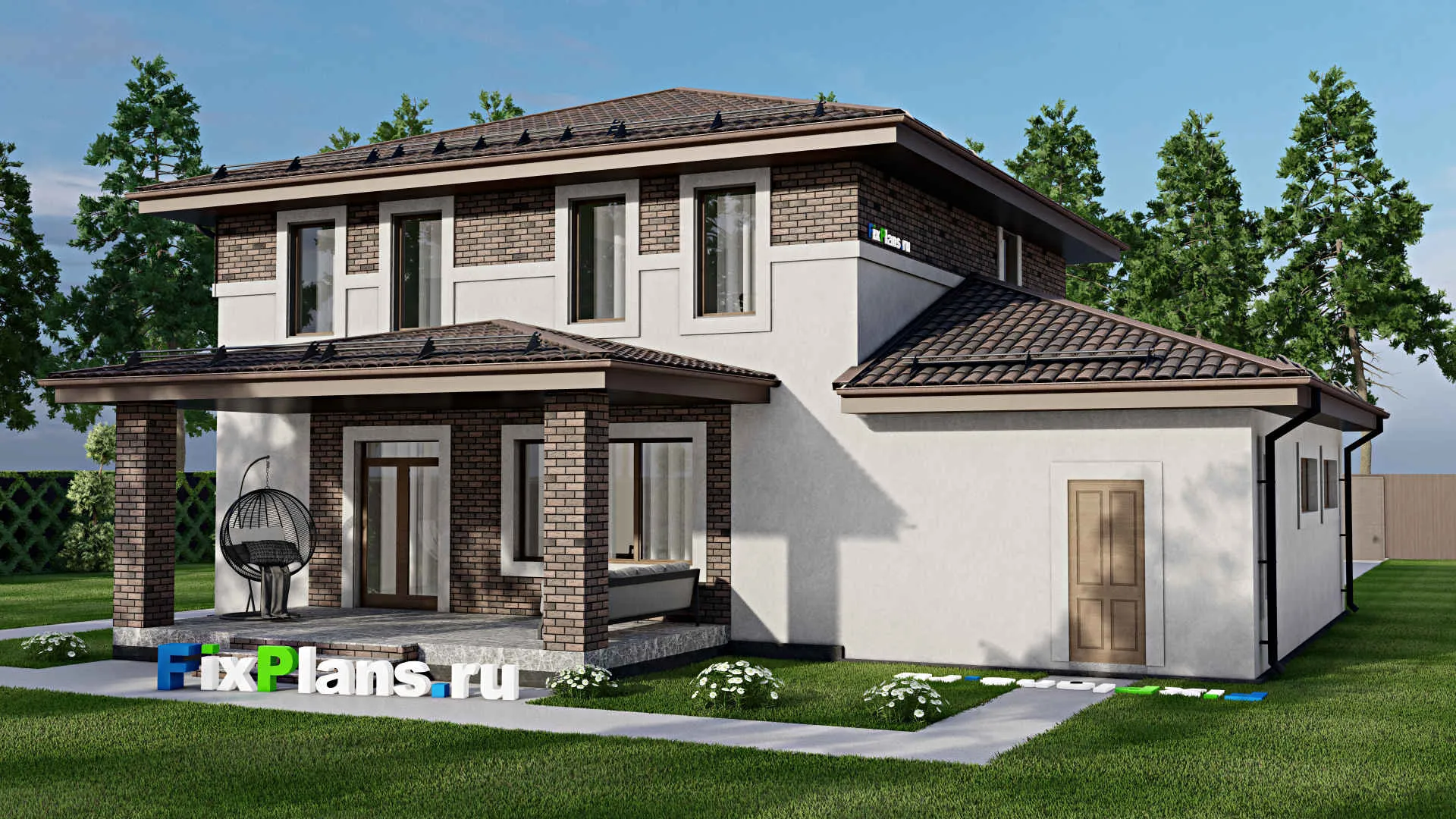 F-8387 - Проект двухэтажного дома 15 на 17, площадью 230 м² с террасой, балконом, гаражом на 1 машину и 3 спальнями