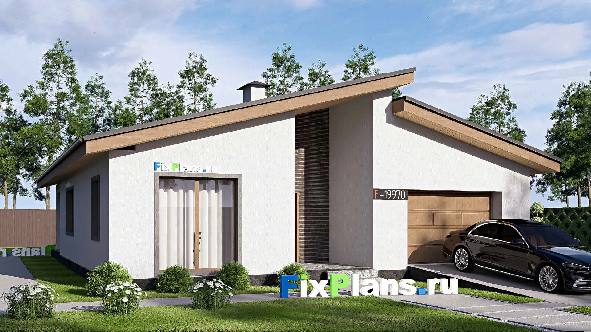 F-19970 - Проект одноэтажного дома 13 на 17, площадью 170 м² с террасой, гаражом на 1 машину и 3 спальнями