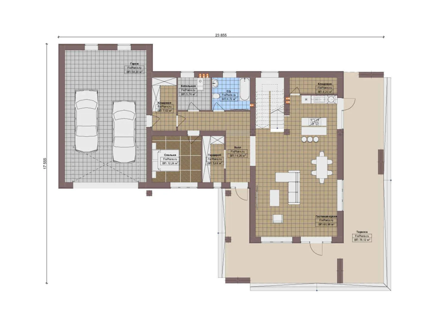 F-15254 - Планы двухэтажного дома 18 на 24, площадью 490 м² с террасой, балконом, гаражом на 2 машины и 6 спальнями