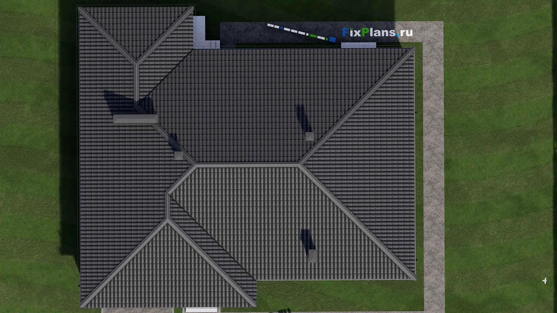 F-1205 - Проект одноэтажного дома 17 на 19, площадью 200 м² с террасой, баней, гаражом на 1 машину и 3 спальнями