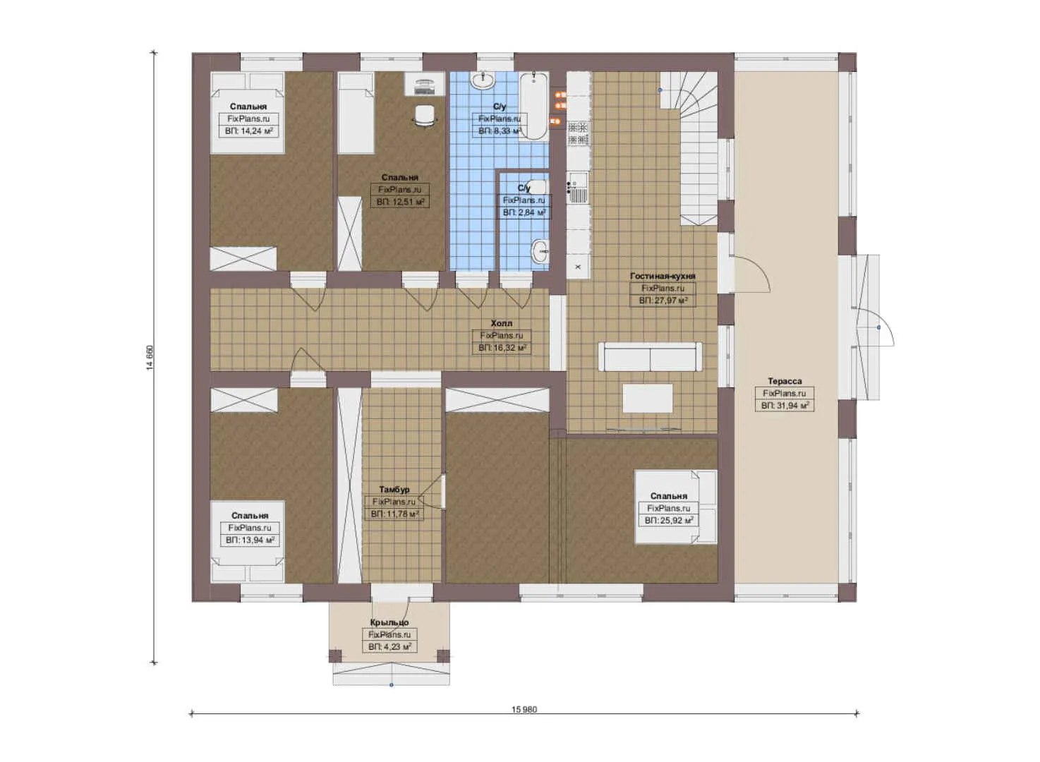 F-14669 - План одноэтажного дома 15 на 16, площадью 310 м² с террасой, цокольным этажом и 4 спальнями