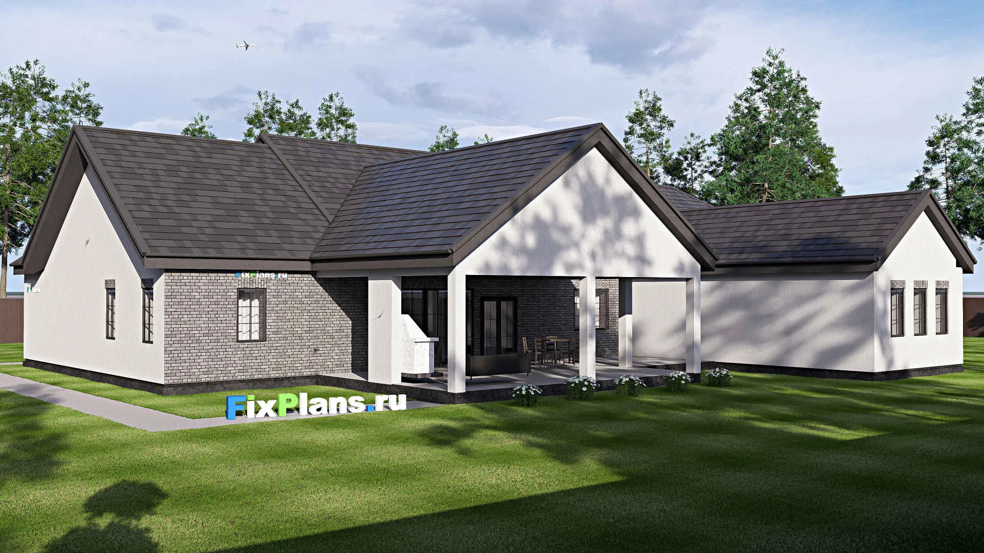 F-19853 - Проект одноэтажного дома 25 на 32, площадью 460 м² с террасой, гаражом на 2 машины и 4 спальнями