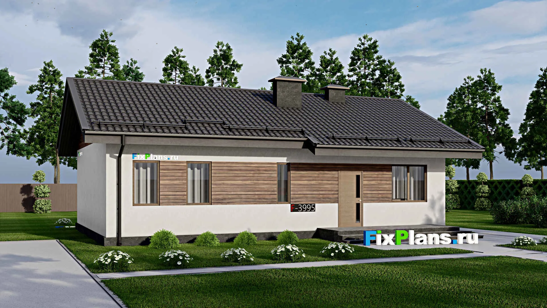 F-3995 - Проект одноэтажного дома 9 на 14, площадью 110 м² с террасой и 3 спальнями