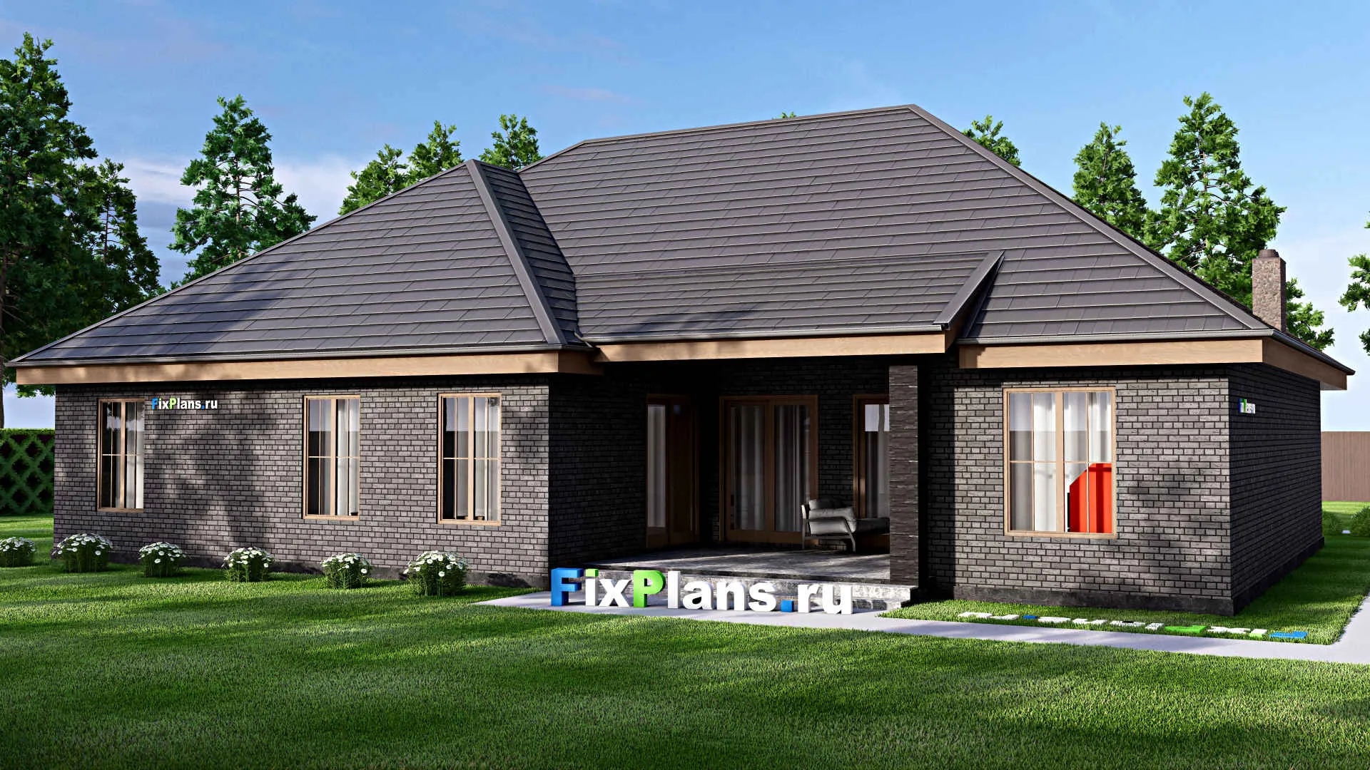 F-16955 - Проект одноэтажного дома 18 на 20, площадью 260 м² с террасой, гаражом на 2 машины и 3 спальнями