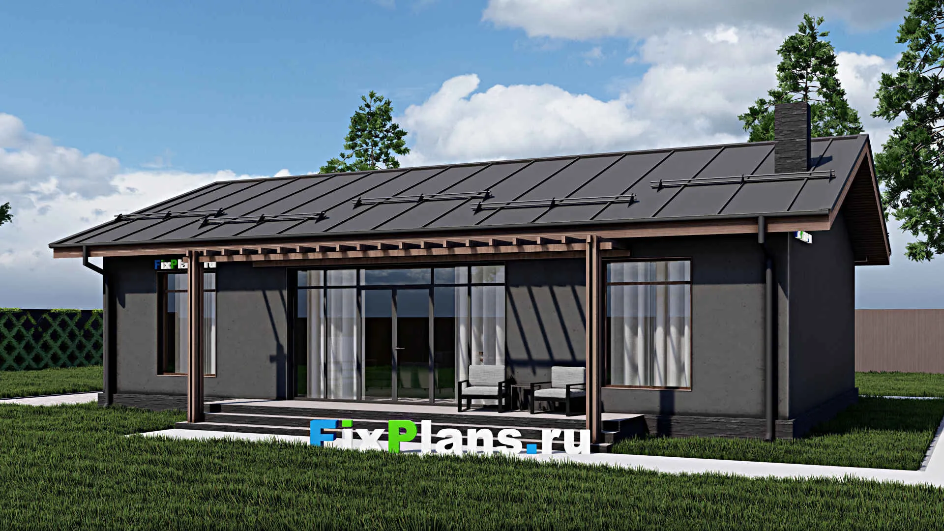 F-0521 - Проект одноэтажного дома 11 на 14, площадью 110 м² с террасой и 3 спальнями