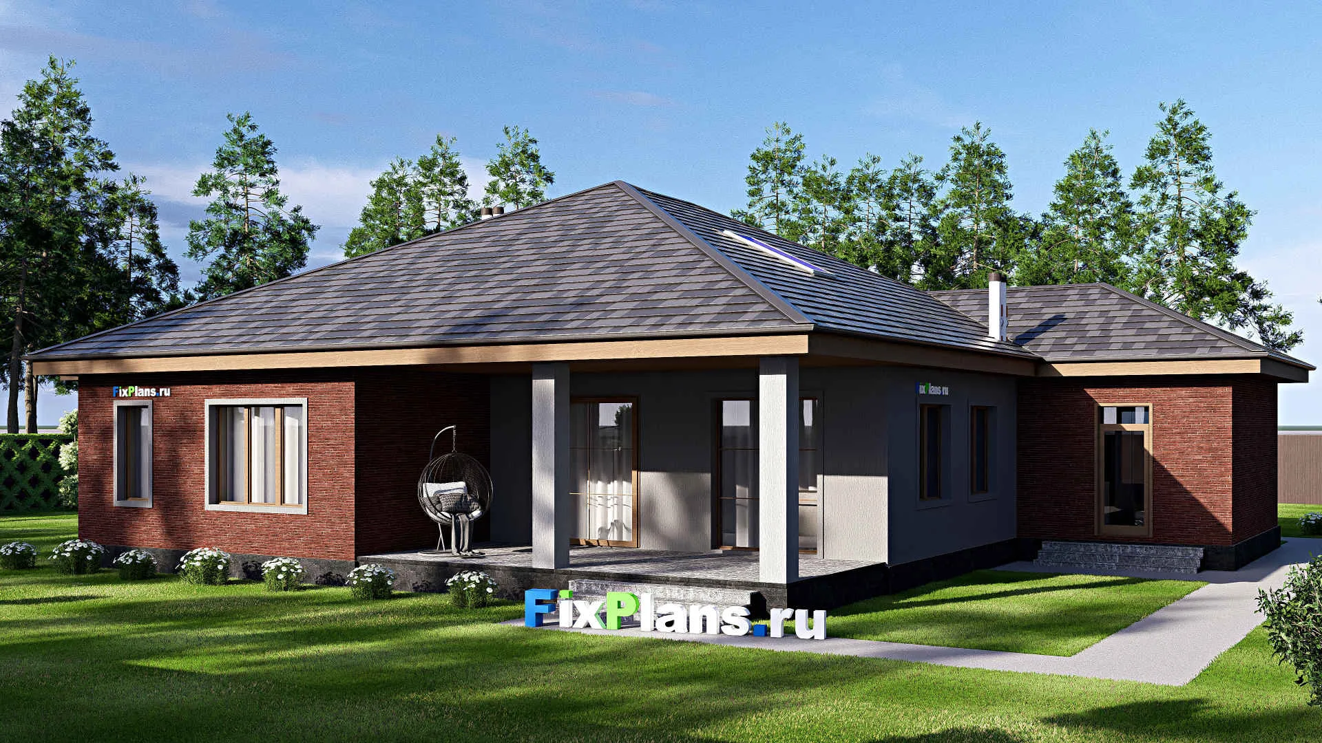 F-18197 - Проект одноэтажного дома 17 на 21, площадью 250 м² с террасой и 5 спальнями