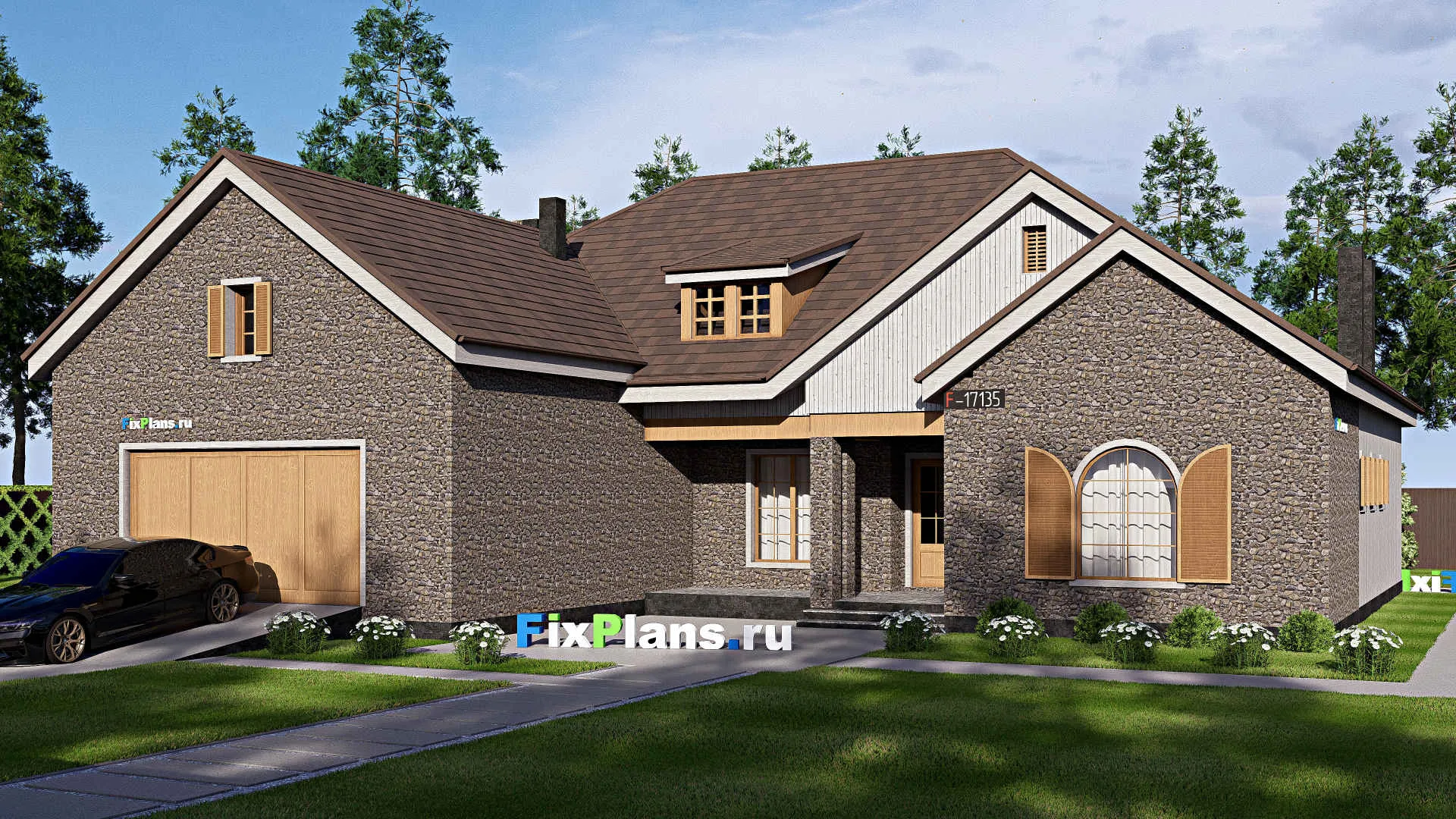 F-17135 - Проект дома с мансардой 22 на 22, площадью 340 м² с террасой, гаражом на 2 машины и 4 спальнями