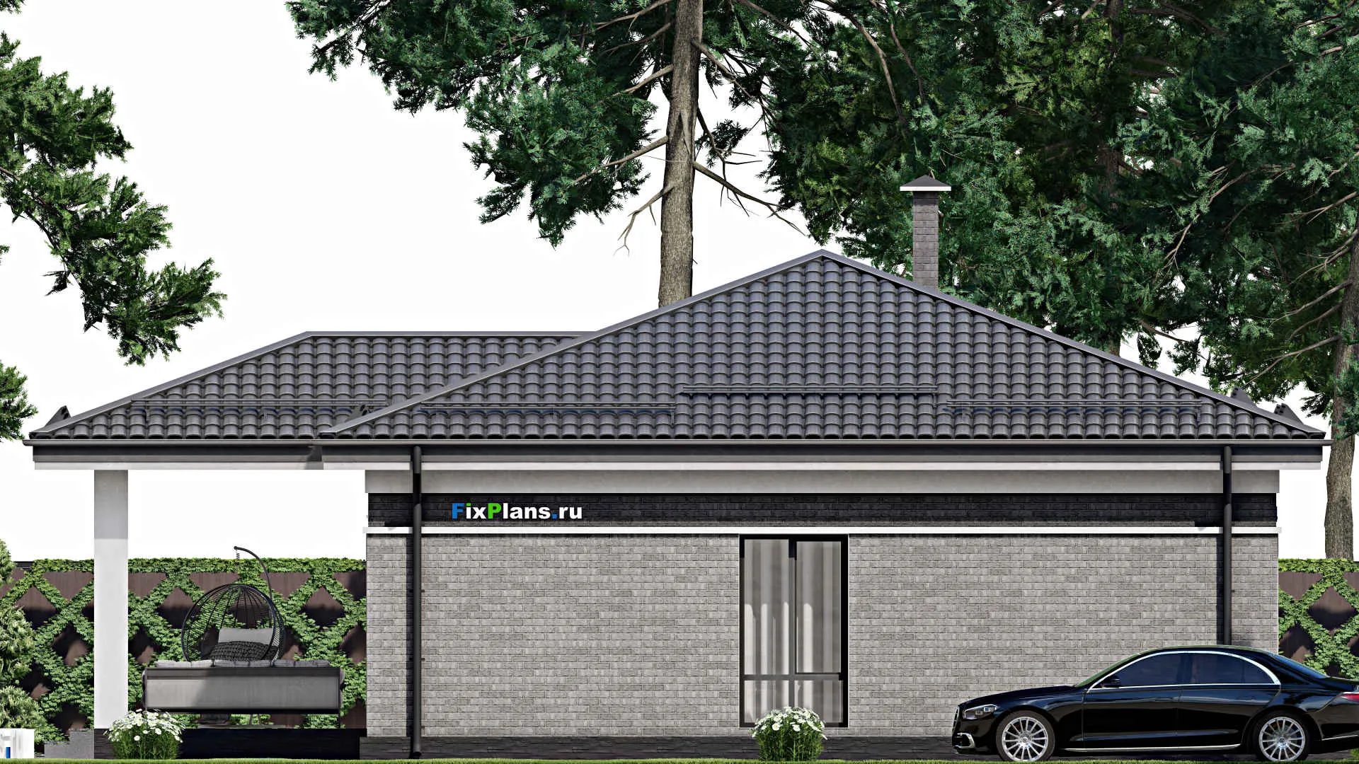 F-2528 - Проект одноэтажного дома 11 на 11, площадью 110 м² с террасой и 3 спальнями