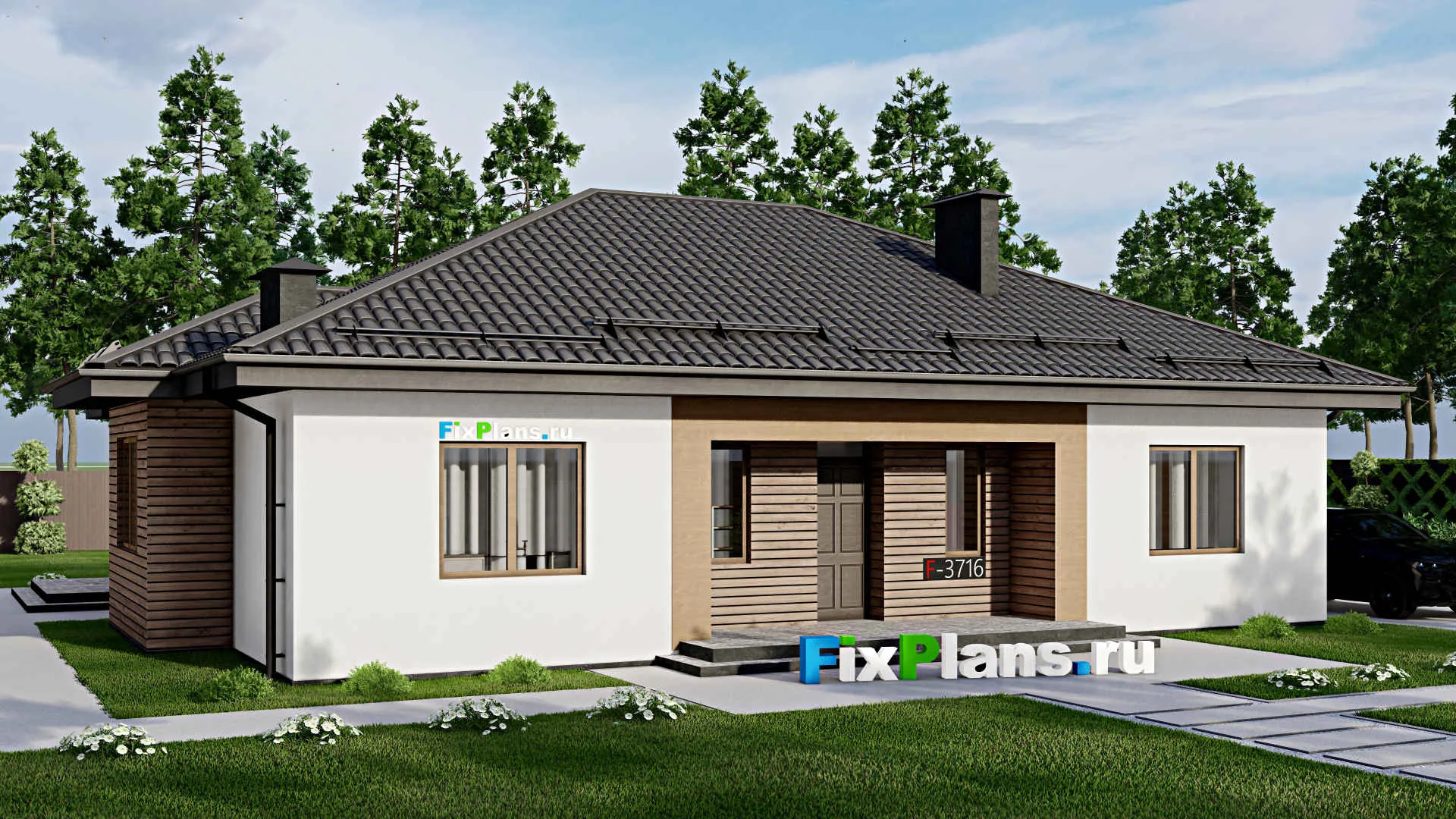 F-3716 - Проект одноэтажного дома 12 на 16, площадью 180 м² с террасой и 4 спальнями