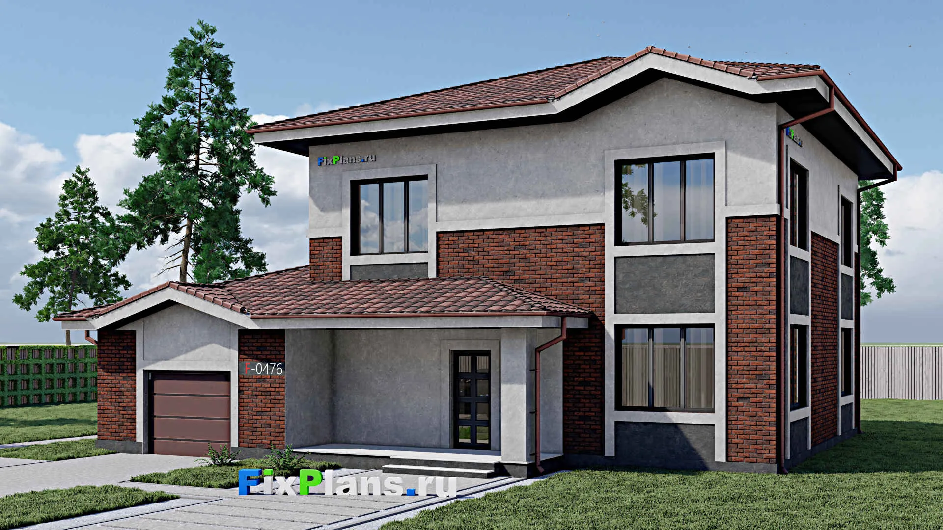 F-0476 - Проект двухэтажного дома 13 на 16, площадью 230 м² с террасой, гаражом на 1 машину и 3 спальнями