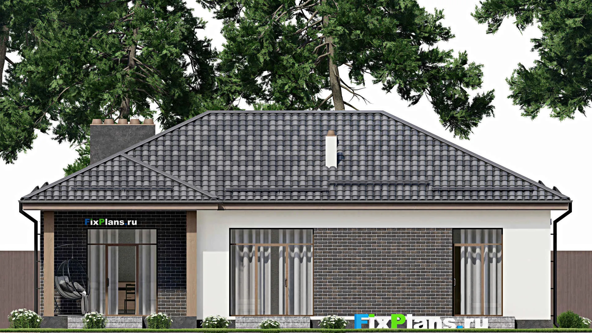 F-2762 - Проект одноэтажного дома 14 на 16, площадью 140 м² с террасой, гаражом на 1 машину и 3 спальнями