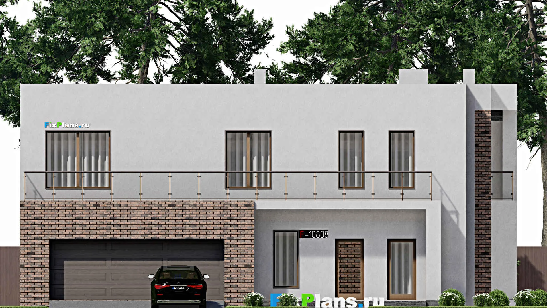 F-10808 - Проект двухэтажного дома 18 на 18, площадью 330 м² с террасой, балконом, гаражом на 2 машины и 3 спальнями