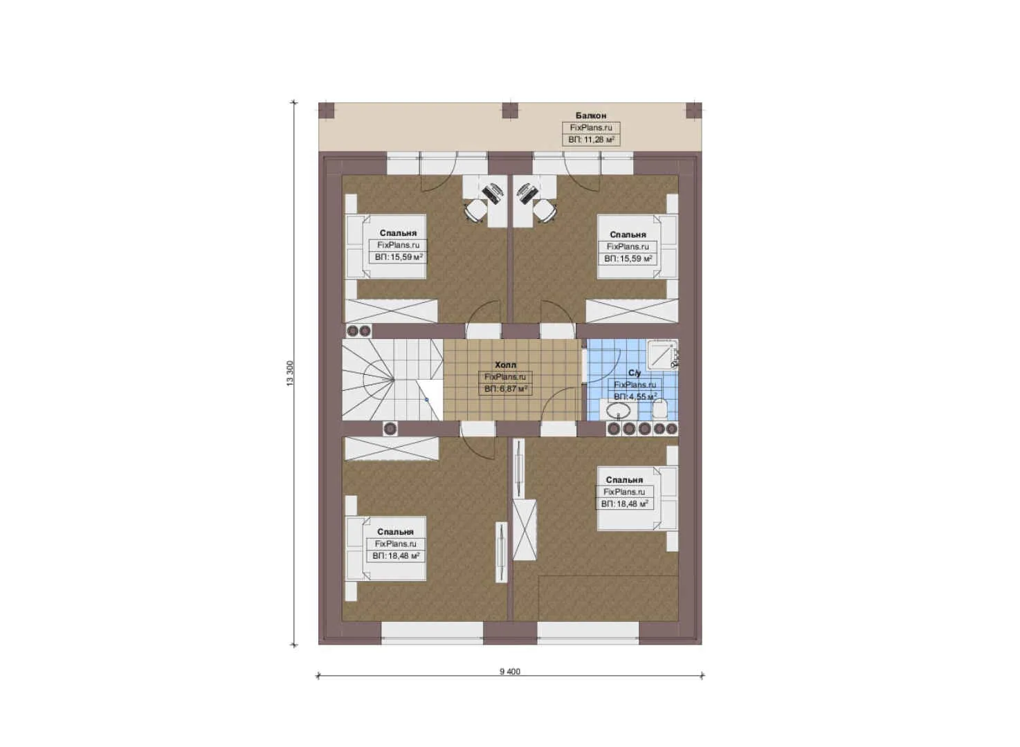 F-14246 - Планы дома с мансардой 13 на 15, площадью 240 м² с террасой, балконом и 5 спальнями