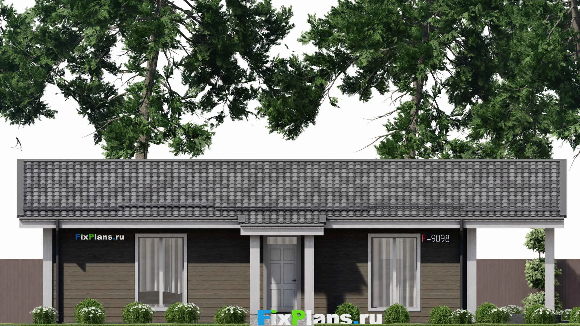 F-9098 - Проект одноэтажного дома 11 на 17, площадью 110 м² с террасой и 2 спальнями