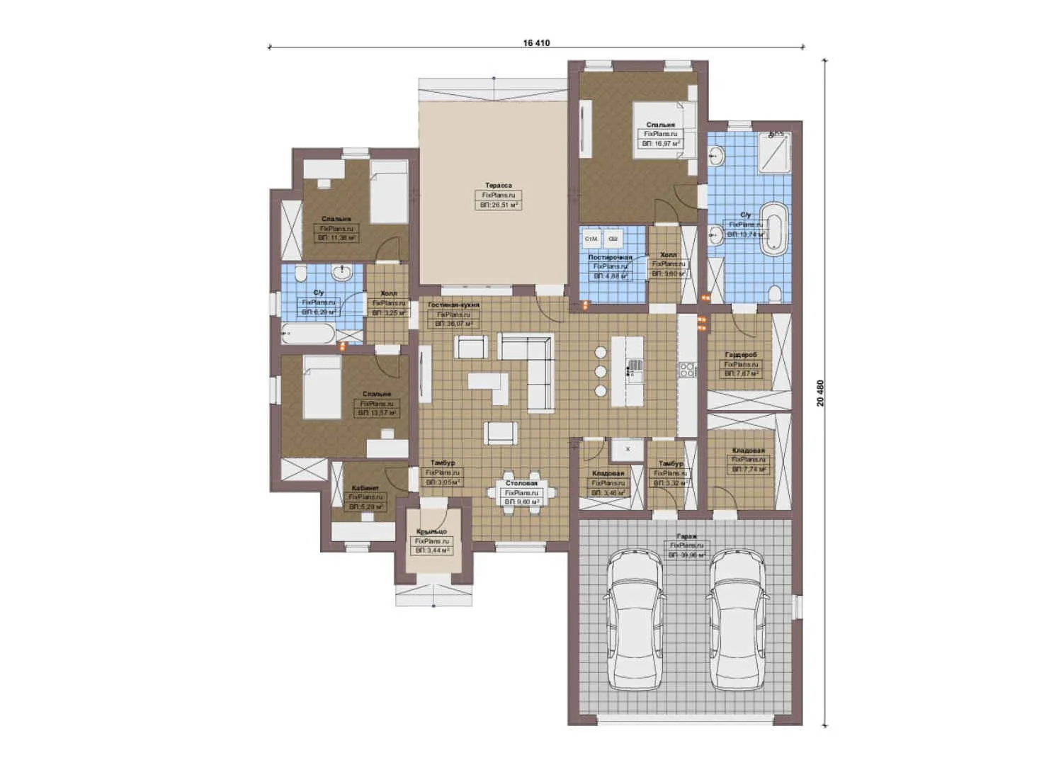 F-17099 - План одноэтажного дома 17 на 21, площадью 220 м² с террасой, гаражом на 2 машины и 3 спальнями