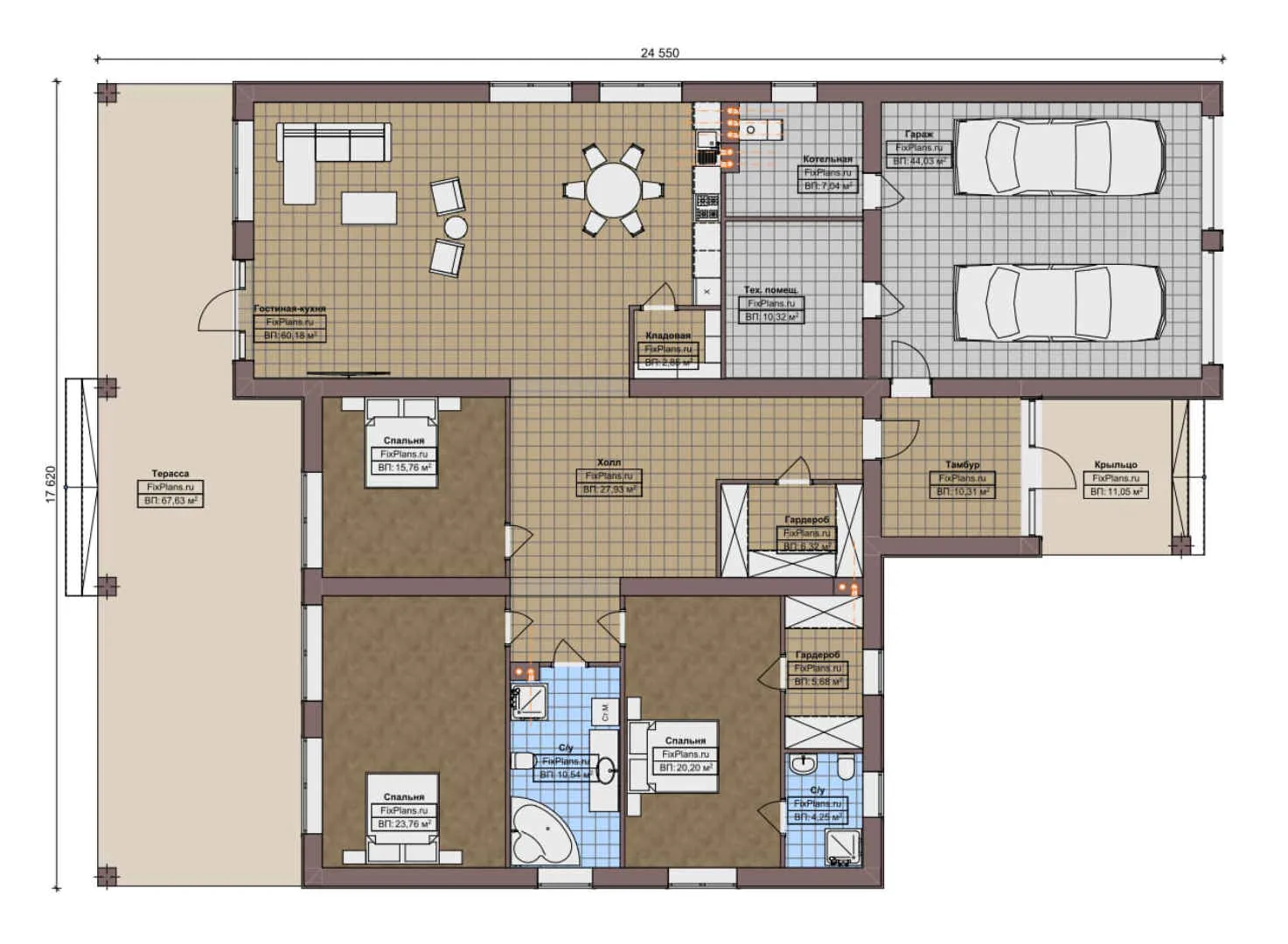 F-8765 - План одноэтажного дома 18 на 25, площадью 330 м² с террасой, гаражом на 2 машины и 3 спальнями
