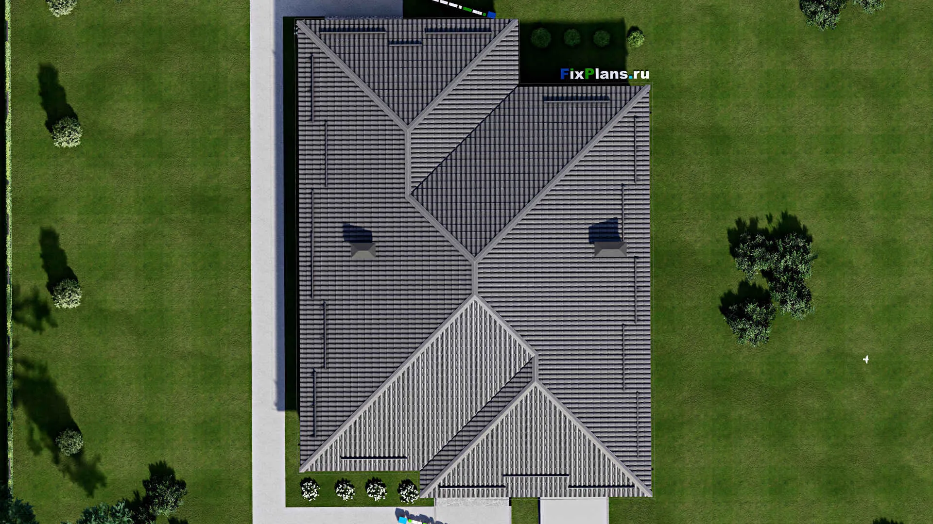 F-4310 - Проект одноэтажного дома 15 на 18, площадью 230 м² с террасой, баней, гаражом на 1 машину и 3 спальнями