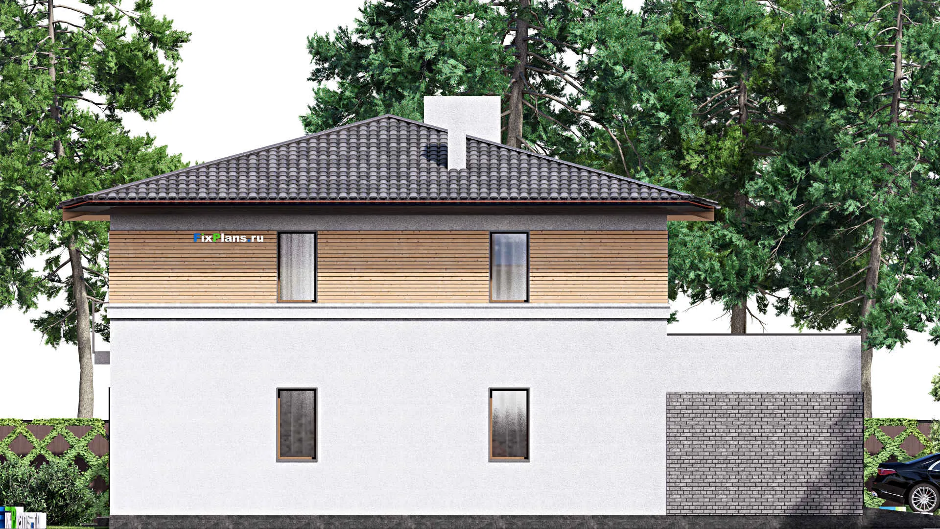 F-16667 - Проект двухэтажного дома 17 на 17, площадью 340 м² с балконом, гаражом на 2 машины и 6 спальнями