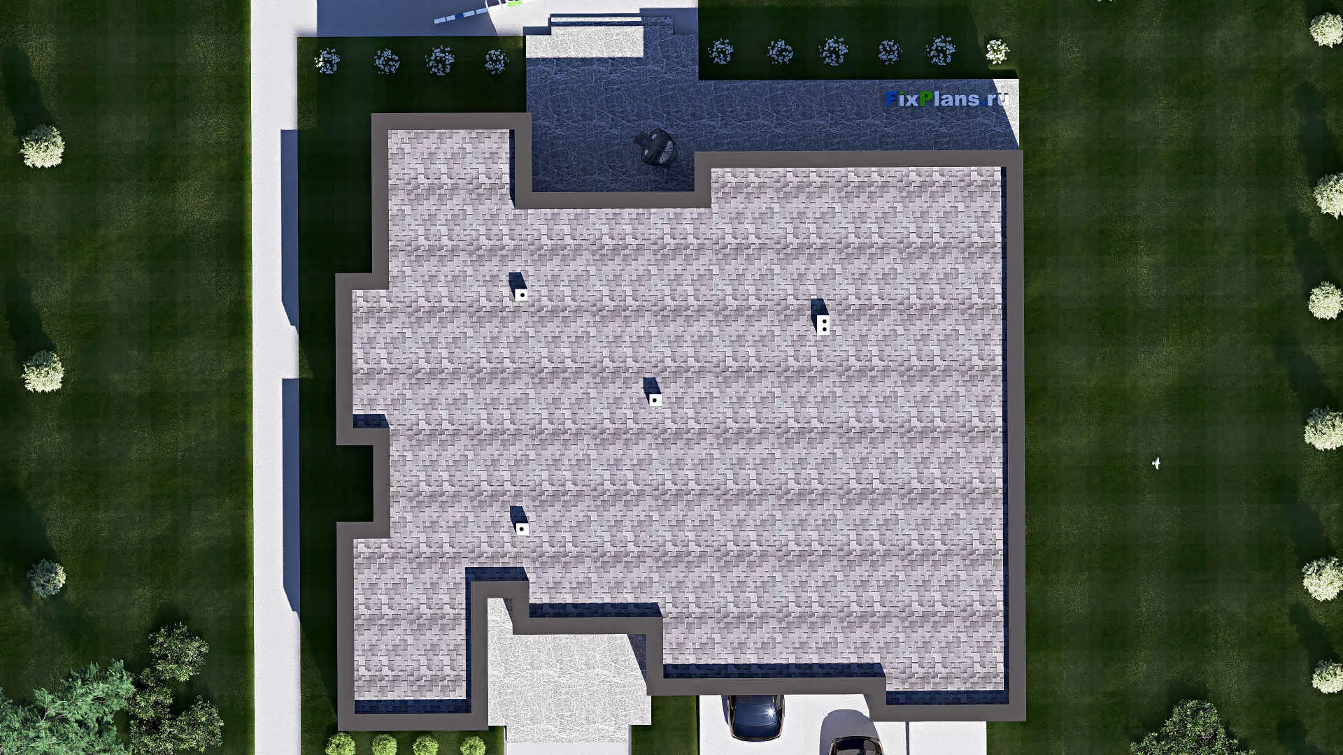 F-20114 - Проект одноэтажного дома 23 на 23, площадью 400 м² с террасой, гаражом на 2 машины и 3 спальнями