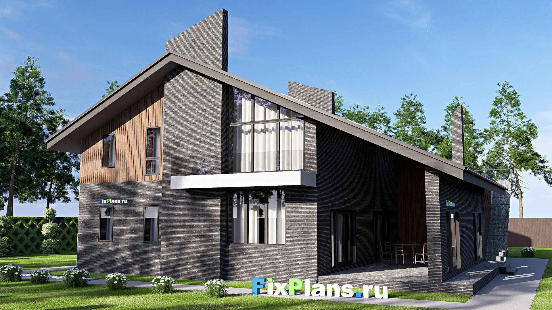 F-20699 - Проект дома с мансардой 16 на 18, площадью 360 м² с террасой, балконом, гаражом на 2 машины и 3 спальнями