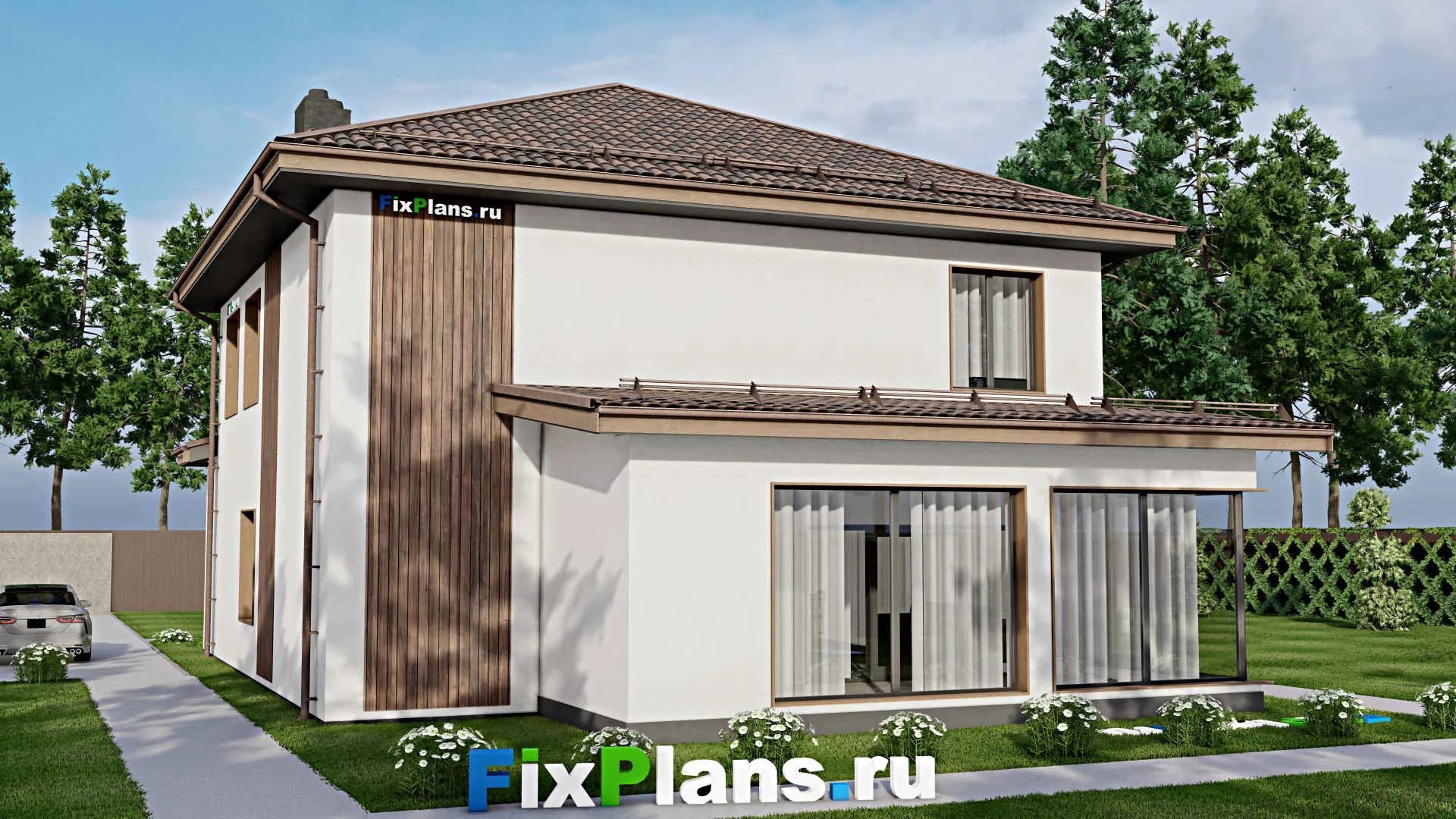 F-3941 - Проект двухэтажного дома 12 на 17, площадью 230 м² с террасой, баней и 4 спальнями