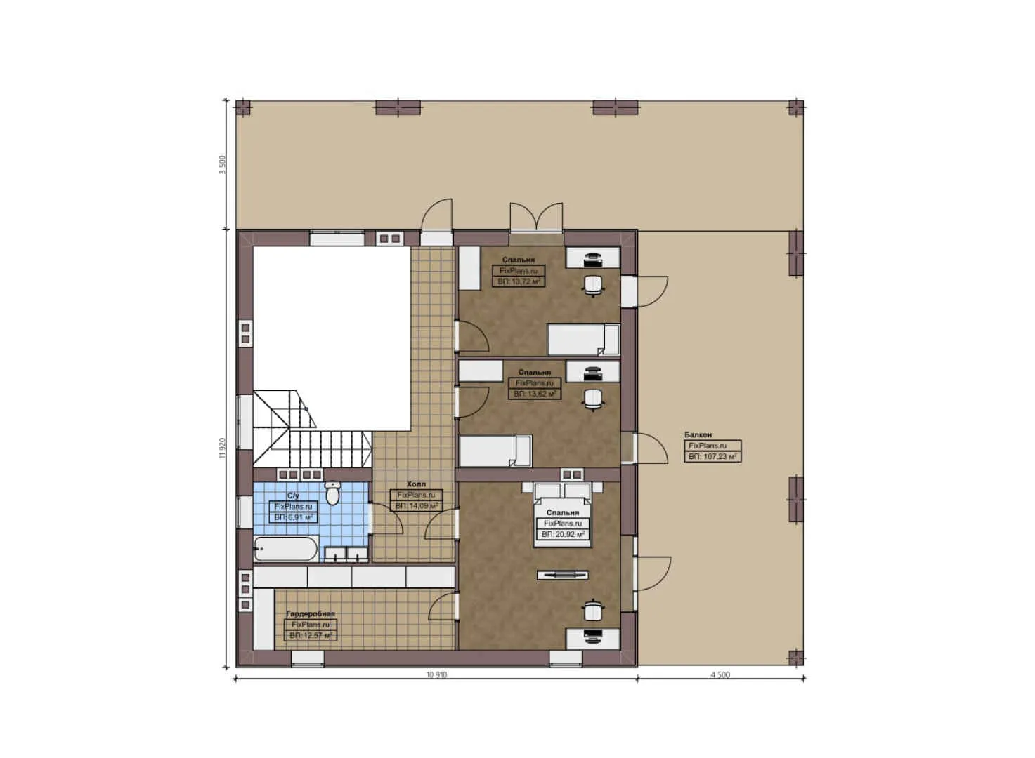 F-1502 - Планы дома с мансардой 11 на 12, площадью 420 м² с террасой, балконом и 4 спальнями