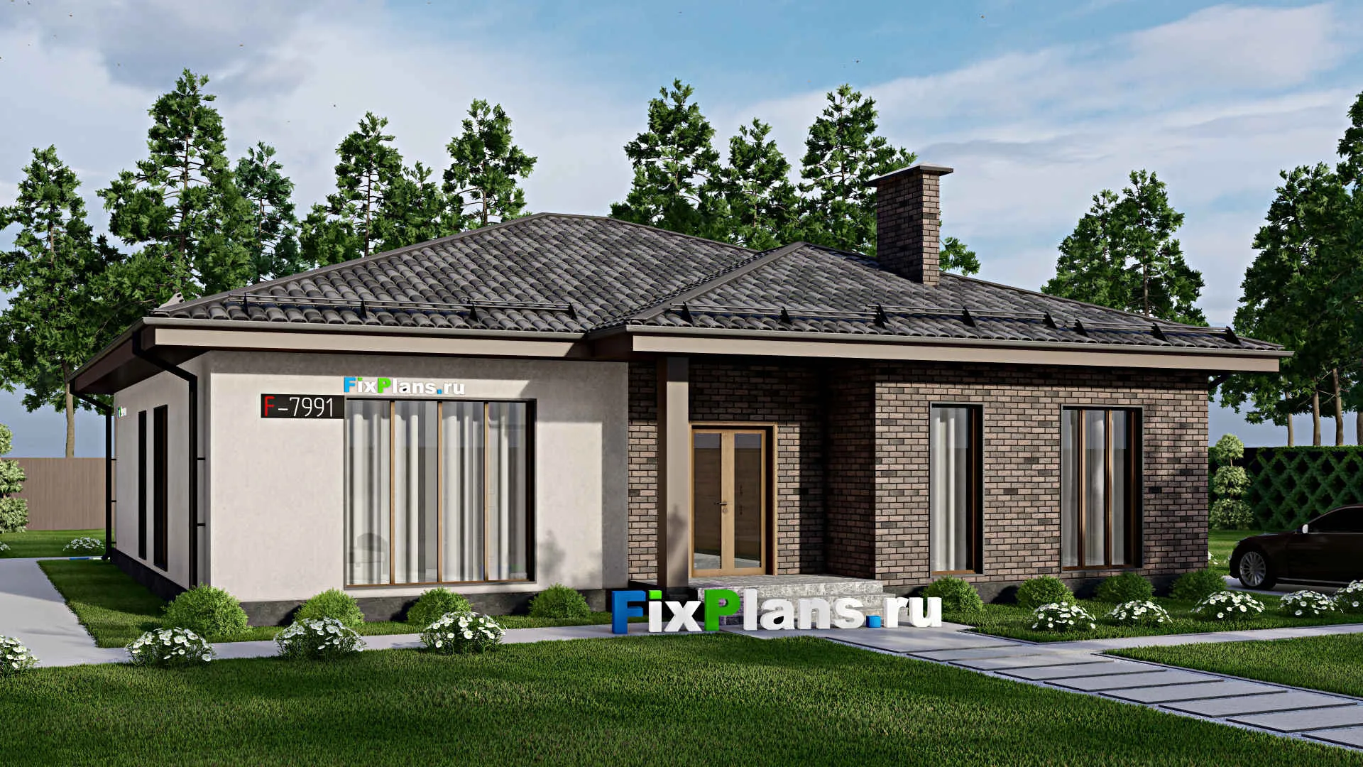 F-7991 - Проект одноэтажного дома 15 на 15, площадью 170 м² с террасой и 3 спальнями