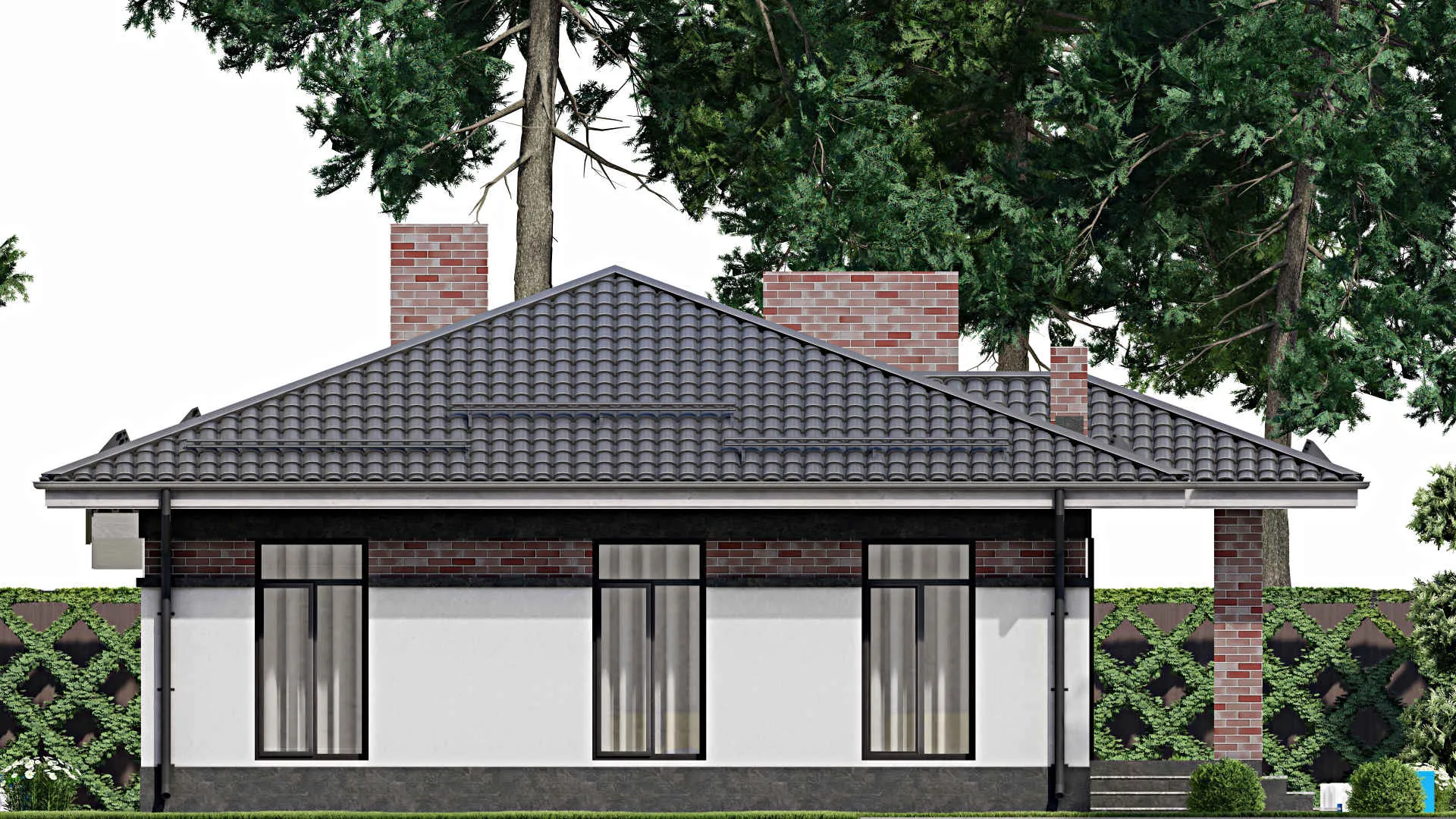 F-1691 - Проект одноэтажного дома 10 на 12, площадью 110 м² с террасой и 4 спальнями