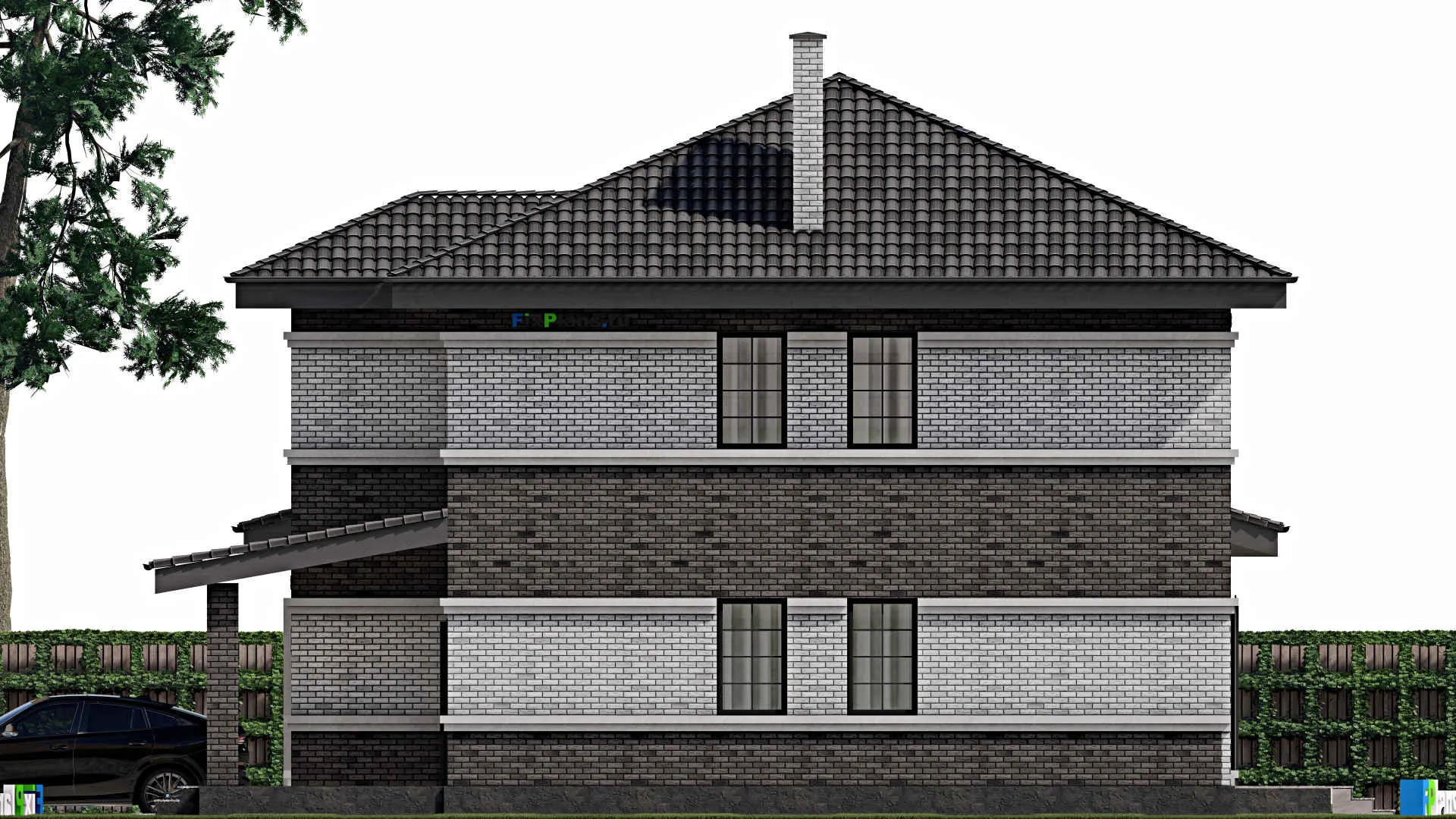 F-1772 - Проект двухэтажного дома 12 на 17, площадью 240 м² с террасой, гаражом на 2 машины и 4 спальнями