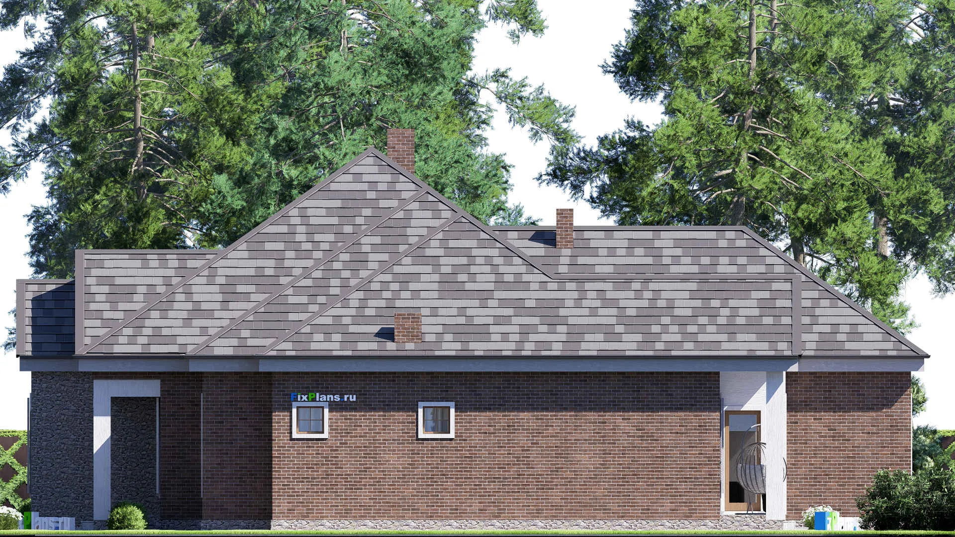 F-17198 - Проект одноэтажного дома 21 на 22, площадью 310 м² с террасой, гаражом на 2 машины и 3 спальнями