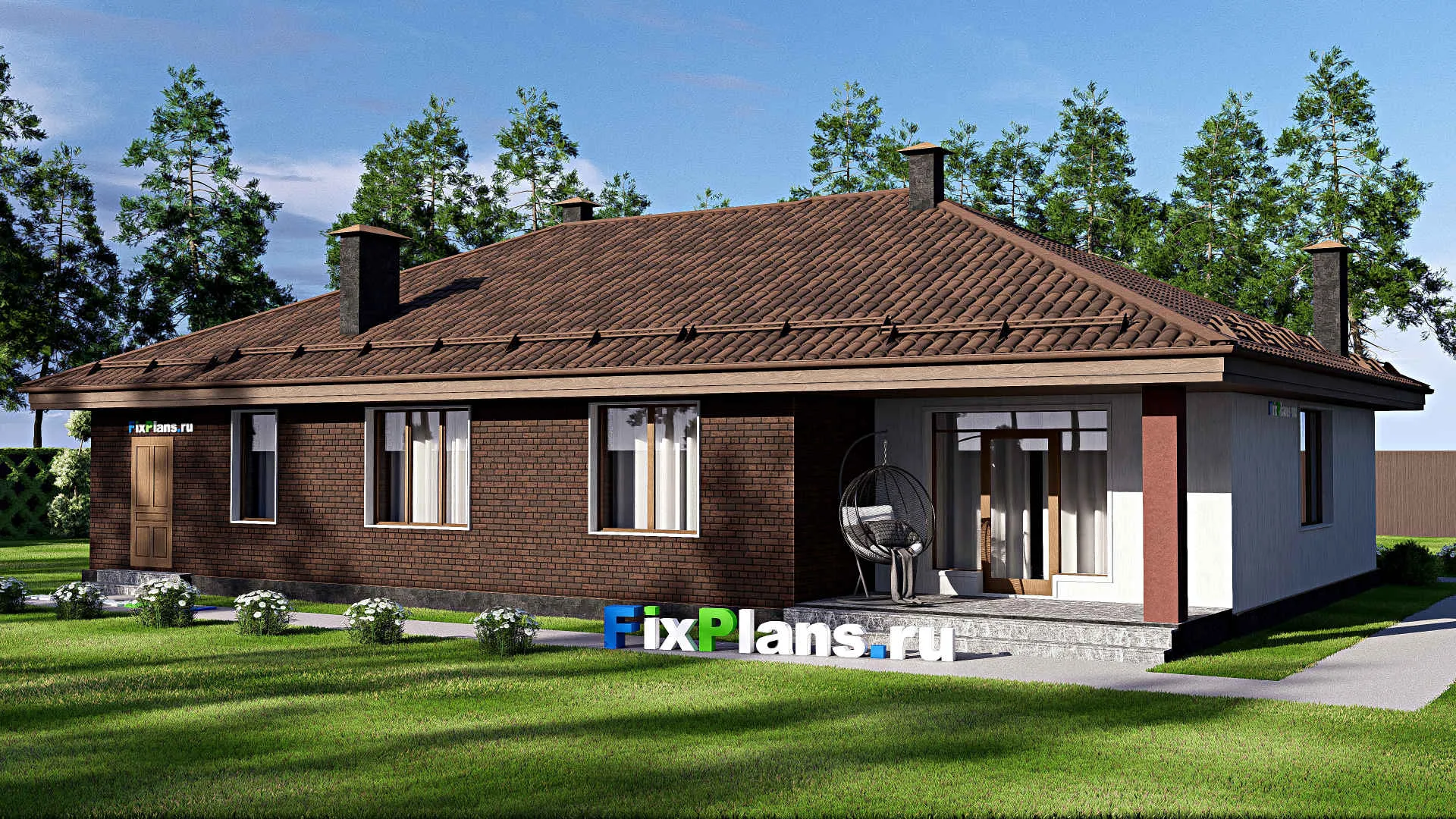 F-17333 - Проект одноэтажного дома 14 на 19, площадью 180 м² с террасой, гаражом на 2 машины и 3 спальнями