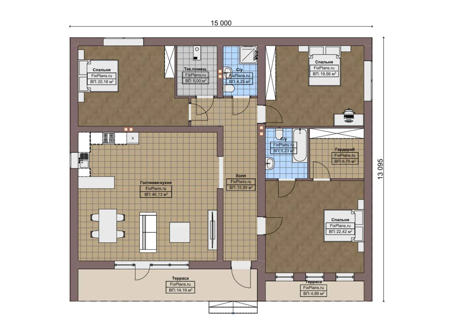 F-3455 - План одноэтажного дома 14 на 15, площадью 170 м² с террасой и 3 спальнями
